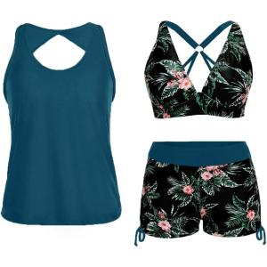 imageYonique 3 Piece Tankini Swimsuits for Women Swim Tank Top Bathing Suits with Boy Shorts and Bra Athletic SwimwearGreen and Flower