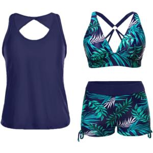 imageYonique 3 Piece Tankini Swimsuits for Women Swim Tank Top Bathing Suits with Boy Shorts and Bra Athletic SwimwearNavy Blue Green Leaf