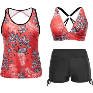 imageYonique 3 Piece Tankini Swimsuits for Women Swim Tank Top Bathing Suits with Boy Shorts and Bra Athletic SwimwearRed Floral