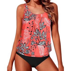 imageYonique Two Piece Blouson Tankini Swimsuits for Women Modest Bathing Suits Loose Fit SwimwearRed Floral