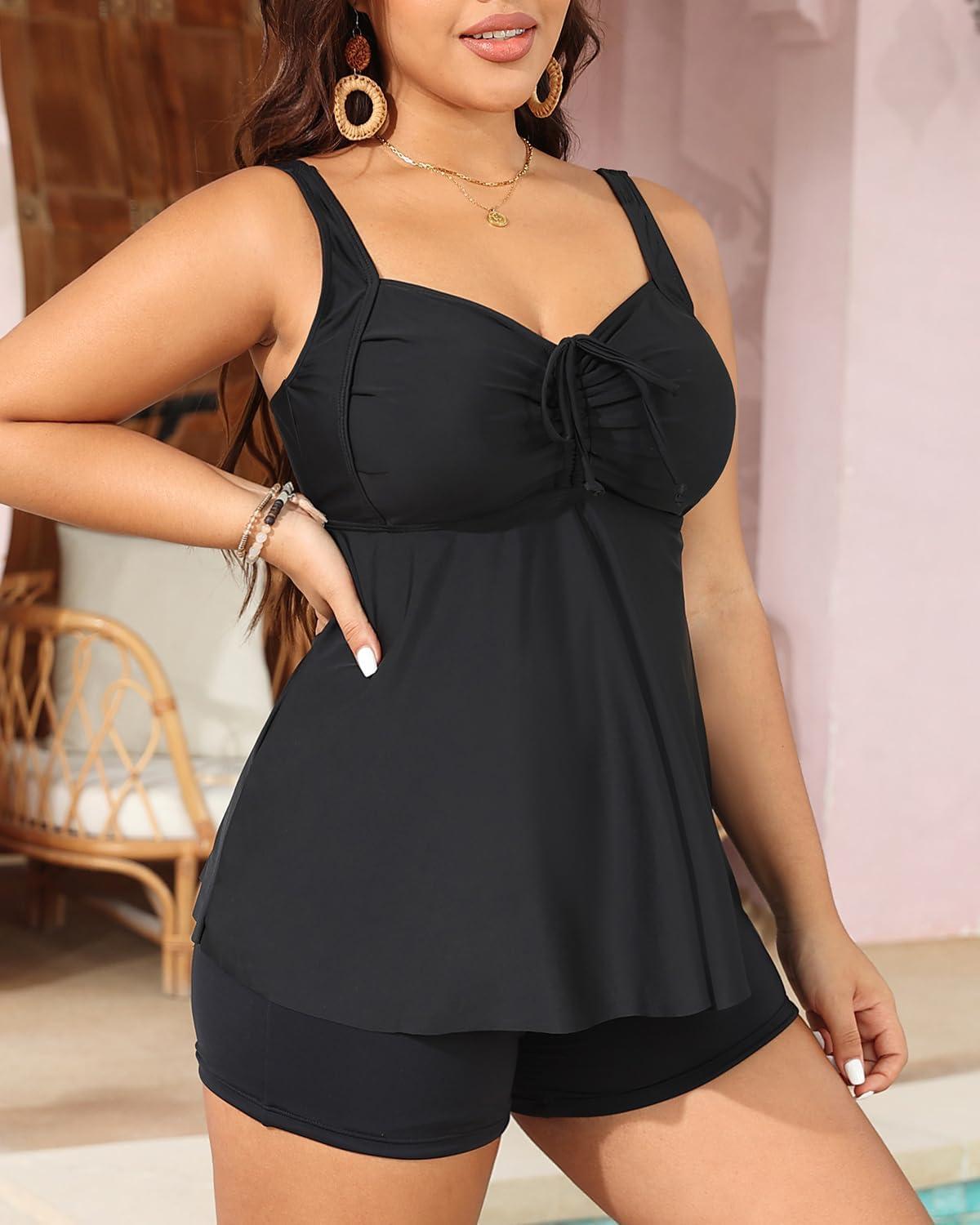 imageYonique Plus Size Tankini Swimsuits for Women Tankini with Shorts Two Piece Bathing Suits Flowy SwimwearBlack