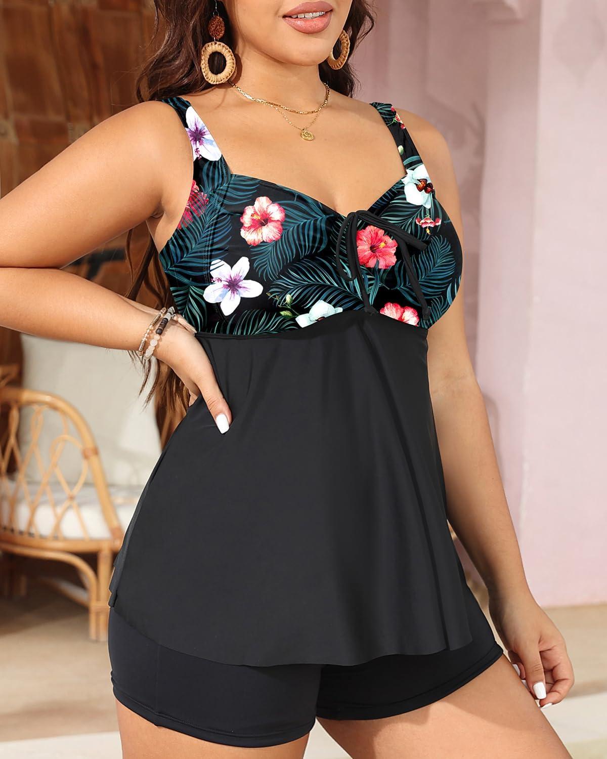 imageYonique Plus Size Tankini Swimsuits for Women Tankini with Shorts Two Piece Bathing Suits Flowy SwimwearBlack Floral
