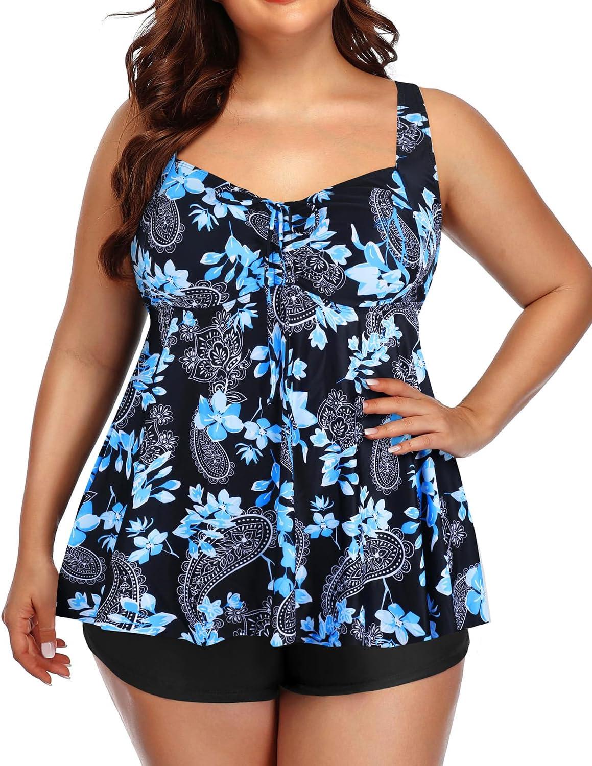 imageYonique Plus Size Tankini Swimsuits for Women Tankini with Shorts Two Piece Bathing Suits Flowy SwimwearBlack Paisley