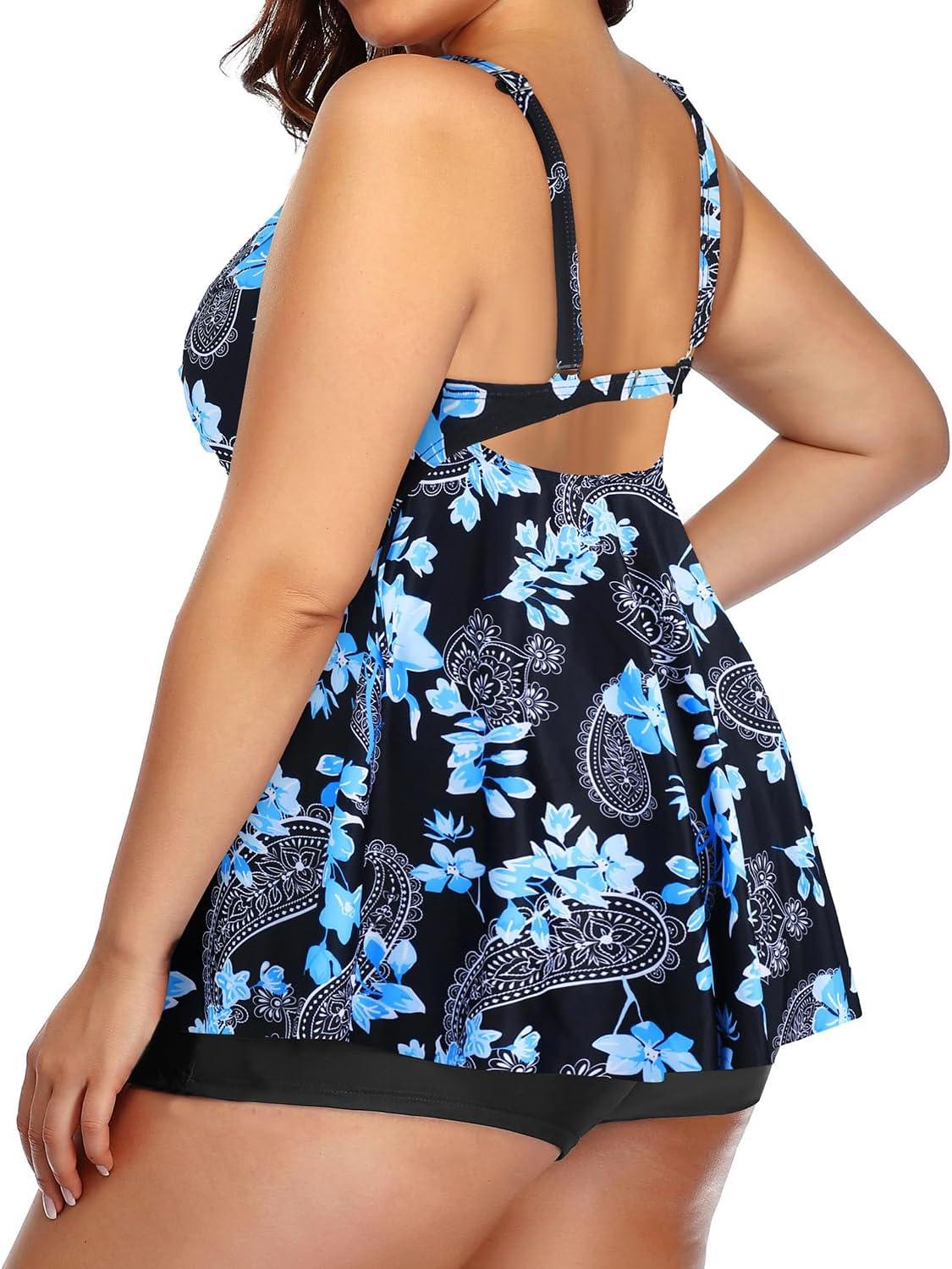 imageYonique Plus Size Tankini Swimsuits for Women Tankini with Shorts Two Piece Bathing Suits Flowy SwimwearBlack Paisley