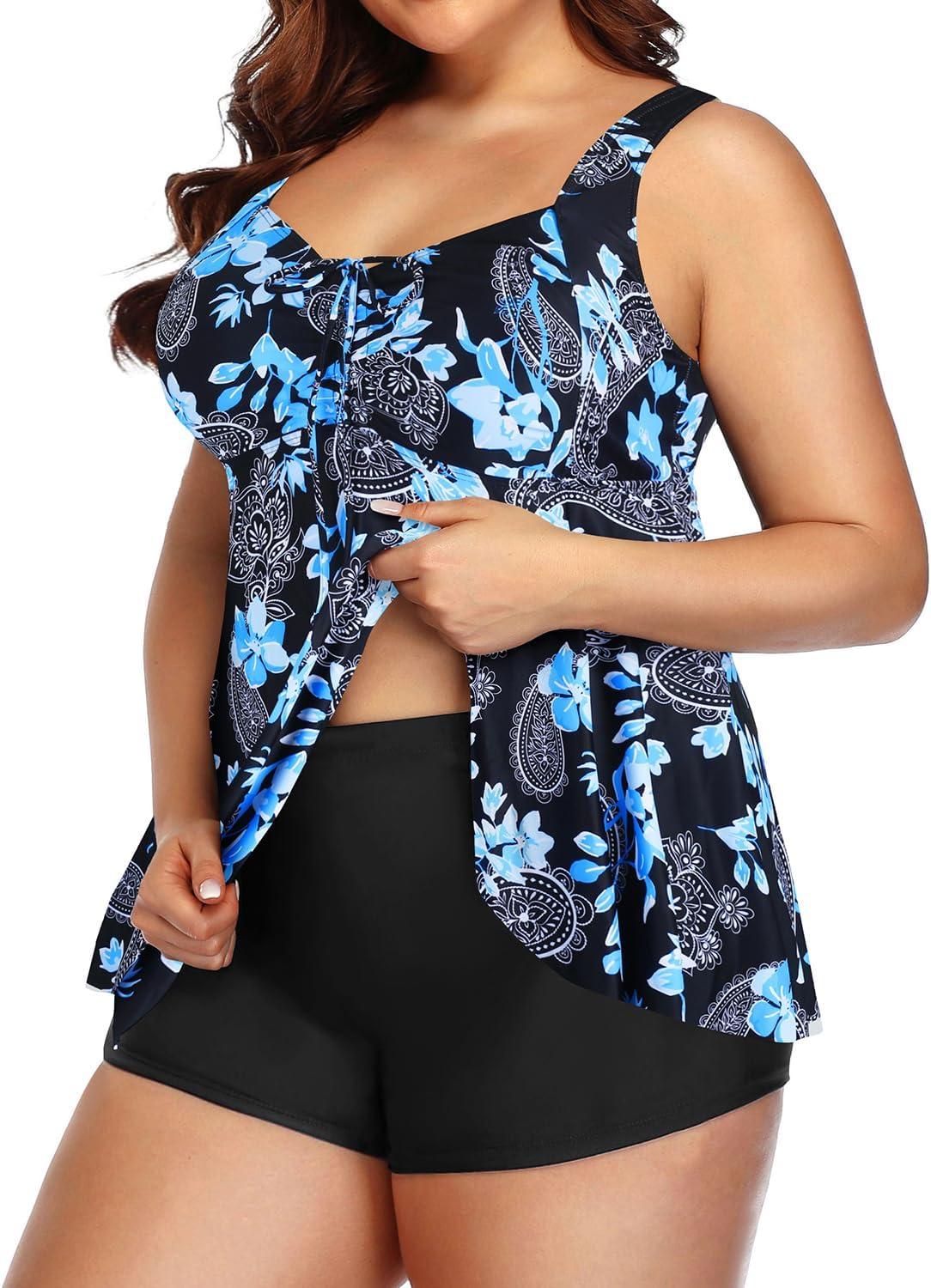 imageYonique Plus Size Tankini Swimsuits for Women Tankini with Shorts Two Piece Bathing Suits Flowy SwimwearBlack Paisley