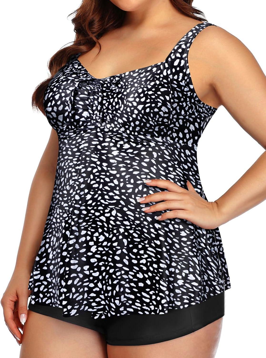 imageYonique Plus Size Tankini Swimsuits for Women Tankini with Shorts Two Piece Bathing Suits Flowy SwimwearBlack Polka Dot