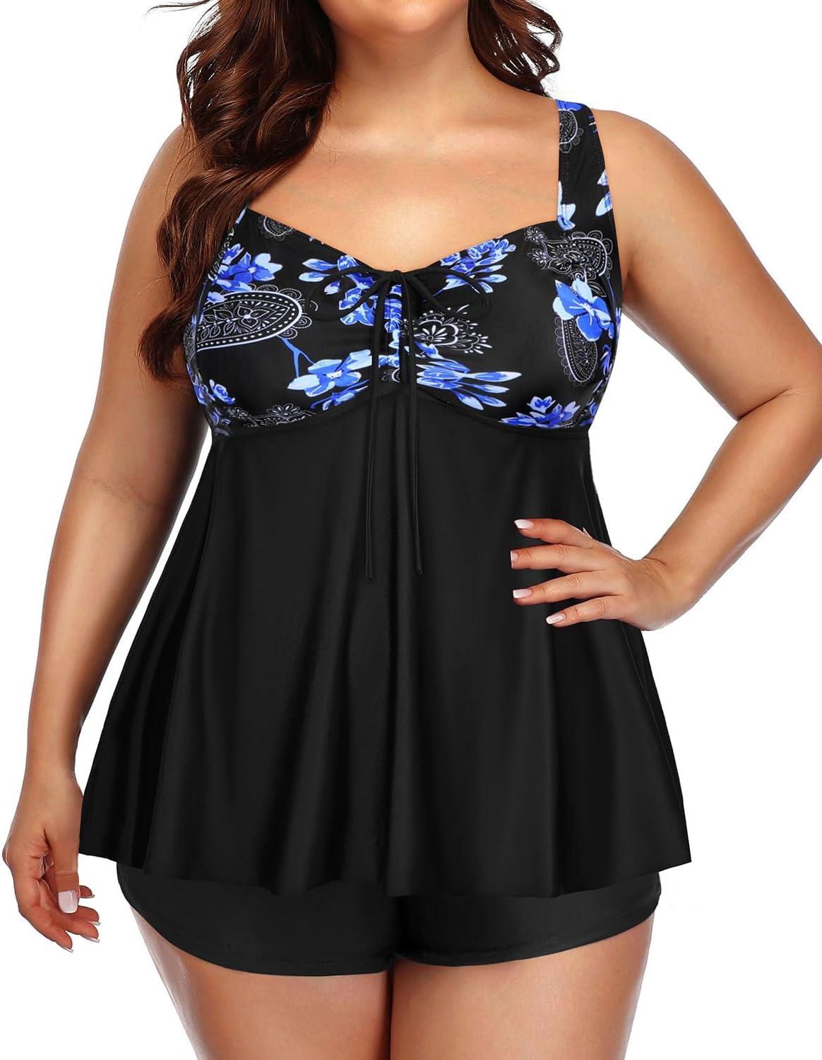 imageYonique Plus Size Tankini Swimsuits for Women Tankini with Shorts Two Piece Bathing Suits Flowy SwimwearBlack and Blue Paisley