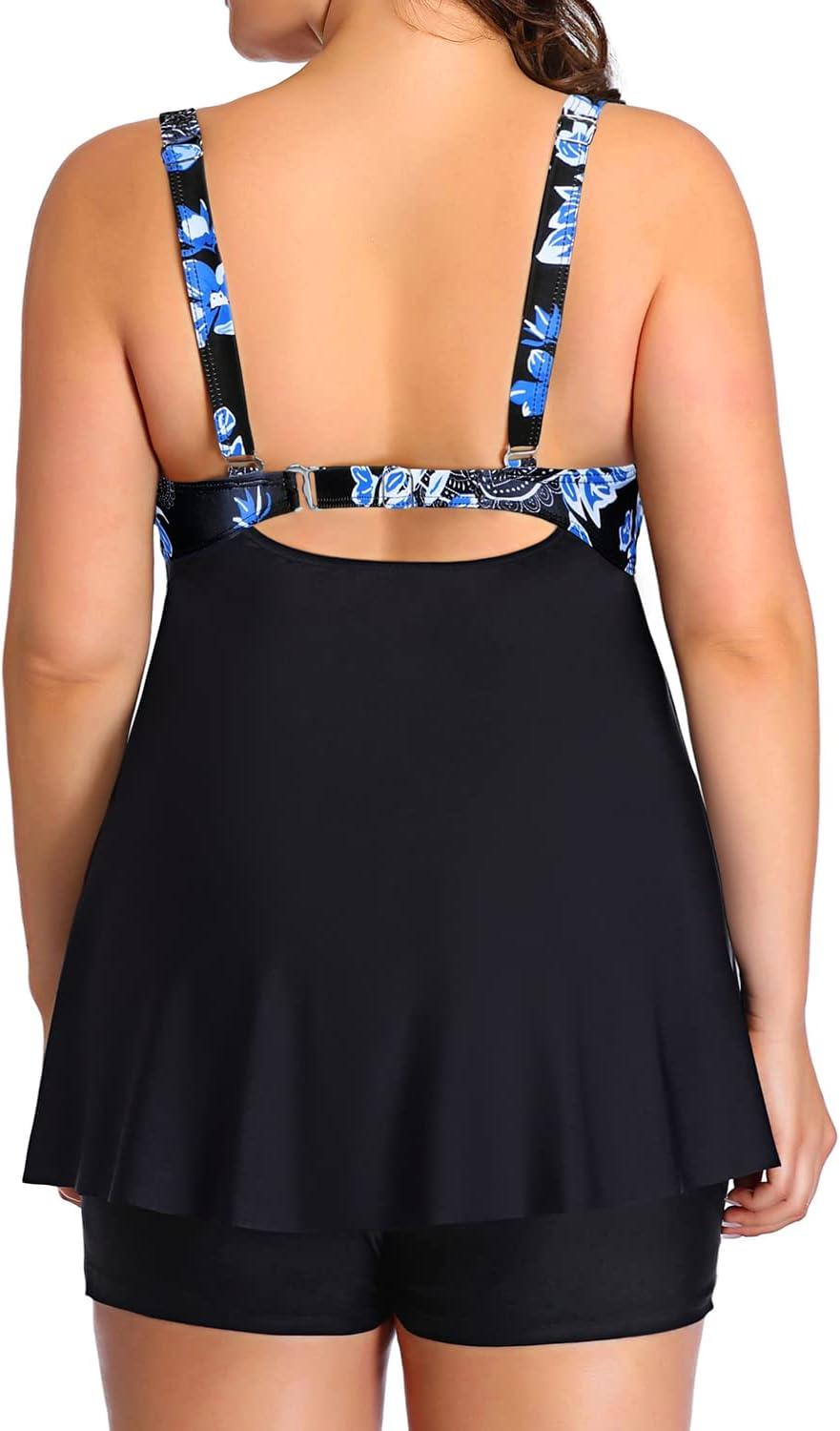 imageYonique Plus Size Tankini Swimsuits for Women Tankini with Shorts Two Piece Bathing Suits Flowy SwimwearBlack and Blue Paisley