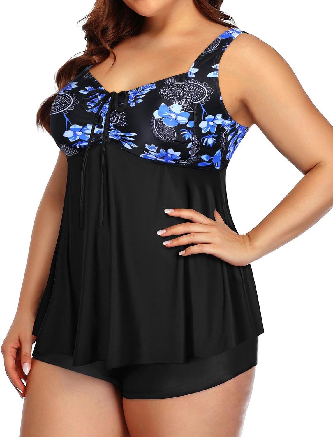 imageYonique Plus Size Tankini Swimsuits for Women Tankini with Shorts Two Piece Bathing Suits Flowy SwimwearBlack and Blue Paisley