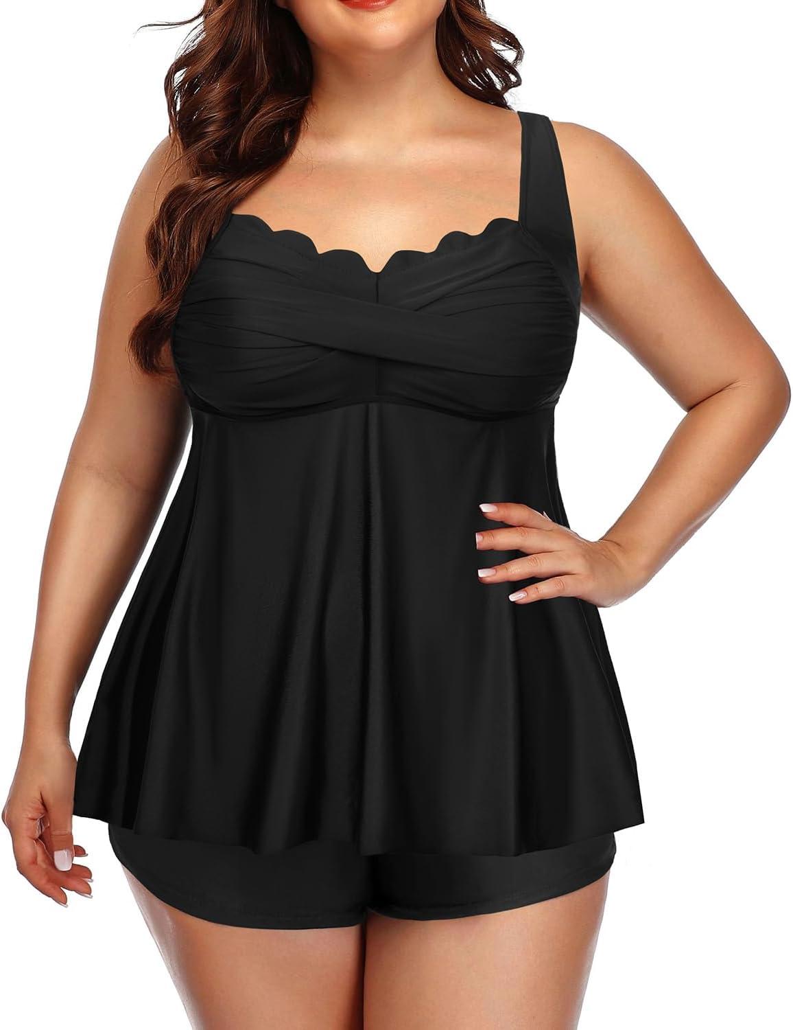 imageYonique Plus Size Tankini Swimsuits for Women Tankini with Shorts Two Piece Bathing Suits Flowy SwimwearBlack1