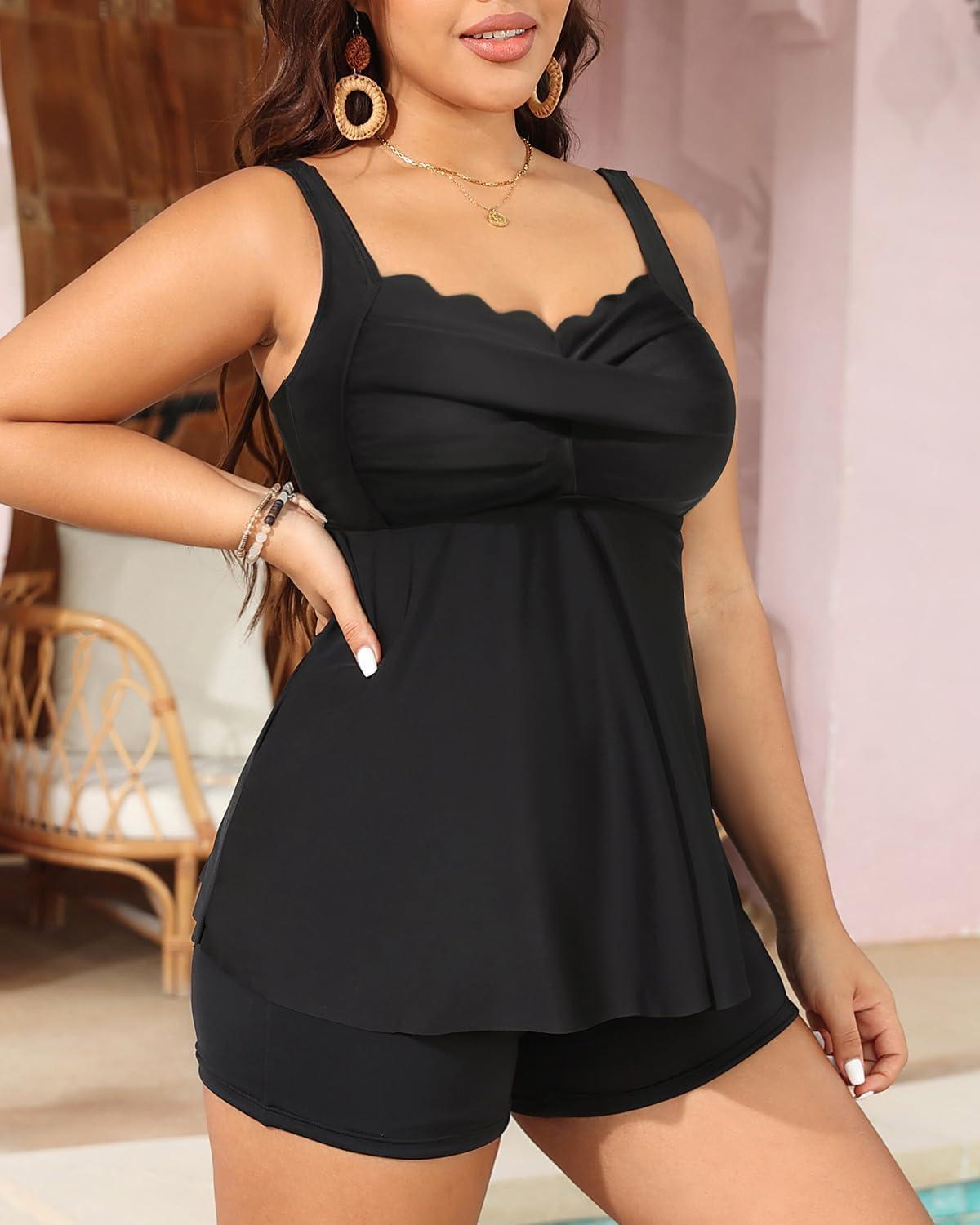 imageYonique Plus Size Tankini Swimsuits for Women Tankini with Shorts Two Piece Bathing Suits Flowy SwimwearBlack1