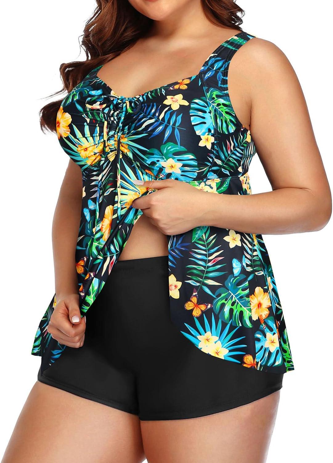 imageYonique Plus Size Tankini Swimsuits for Women Tankini with Shorts Two Piece Bathing Suits Flowy SwimwearBlackgreen Floral