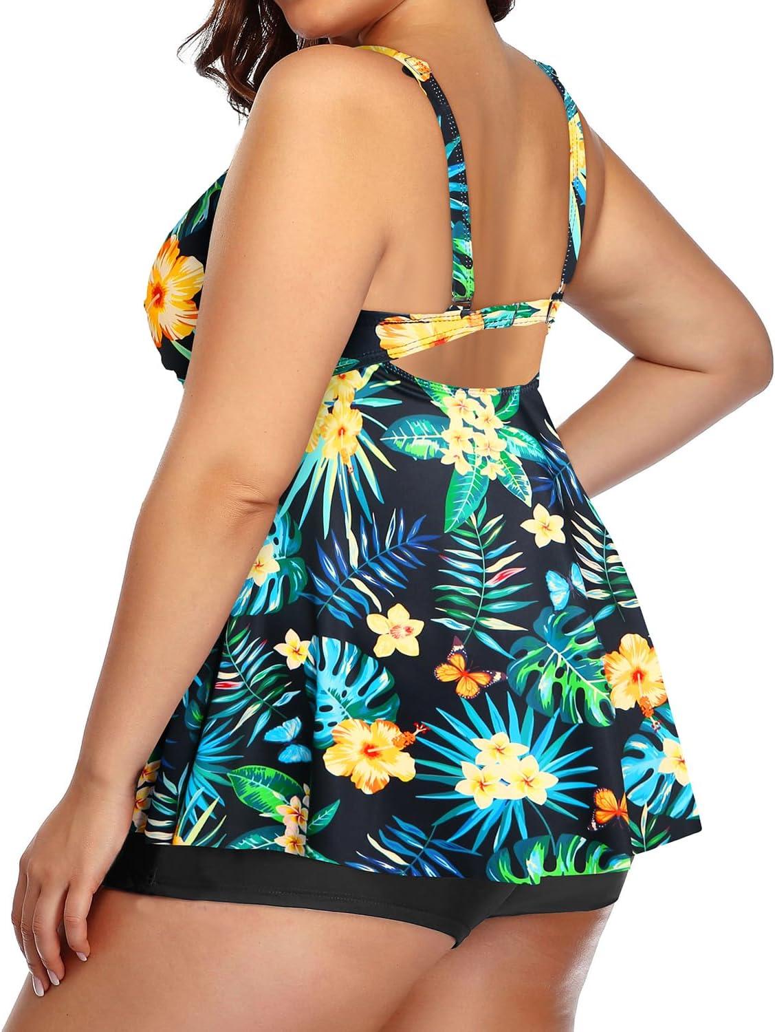 imageYonique Plus Size Tankini Swimsuits for Women Tankini with Shorts Two Piece Bathing Suits Flowy SwimwearBlackgreen Floral