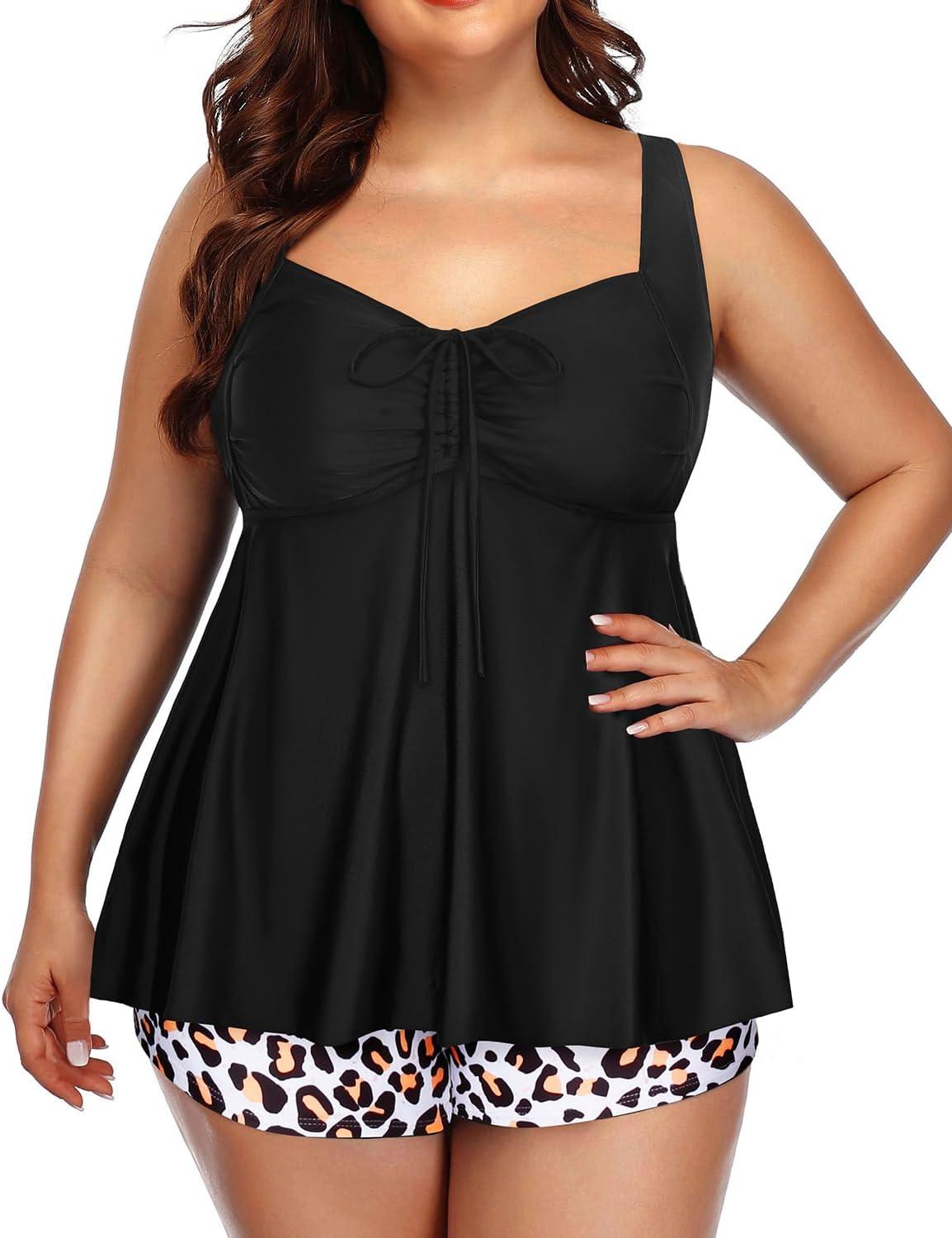 imageYonique Plus Size Tankini Swimsuits for Women Tankini with Shorts Two Piece Bathing Suits Flowy SwimwearBlackleopard
