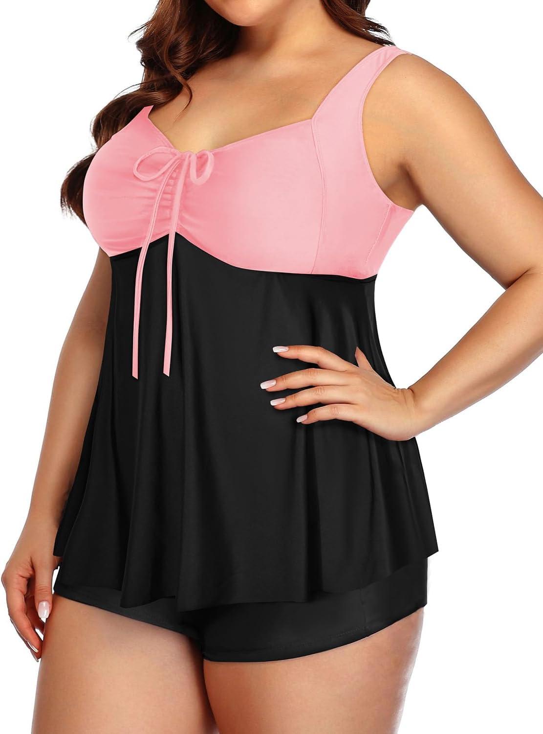 imageYonique Plus Size Tankini Swimsuits for Women Tankini with Shorts Two Piece Bathing Suits Flowy SwimwearBlackpink