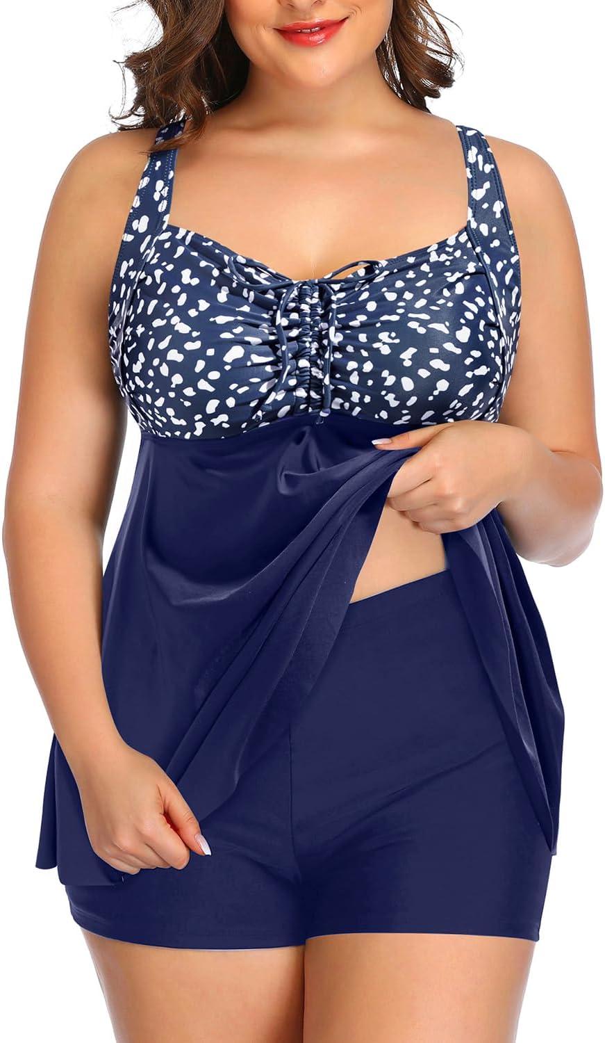 imageYonique Plus Size Tankini Swimsuits for Women Tankini with Shorts Two Piece Bathing Suits Flowy SwimwearBlue Dot