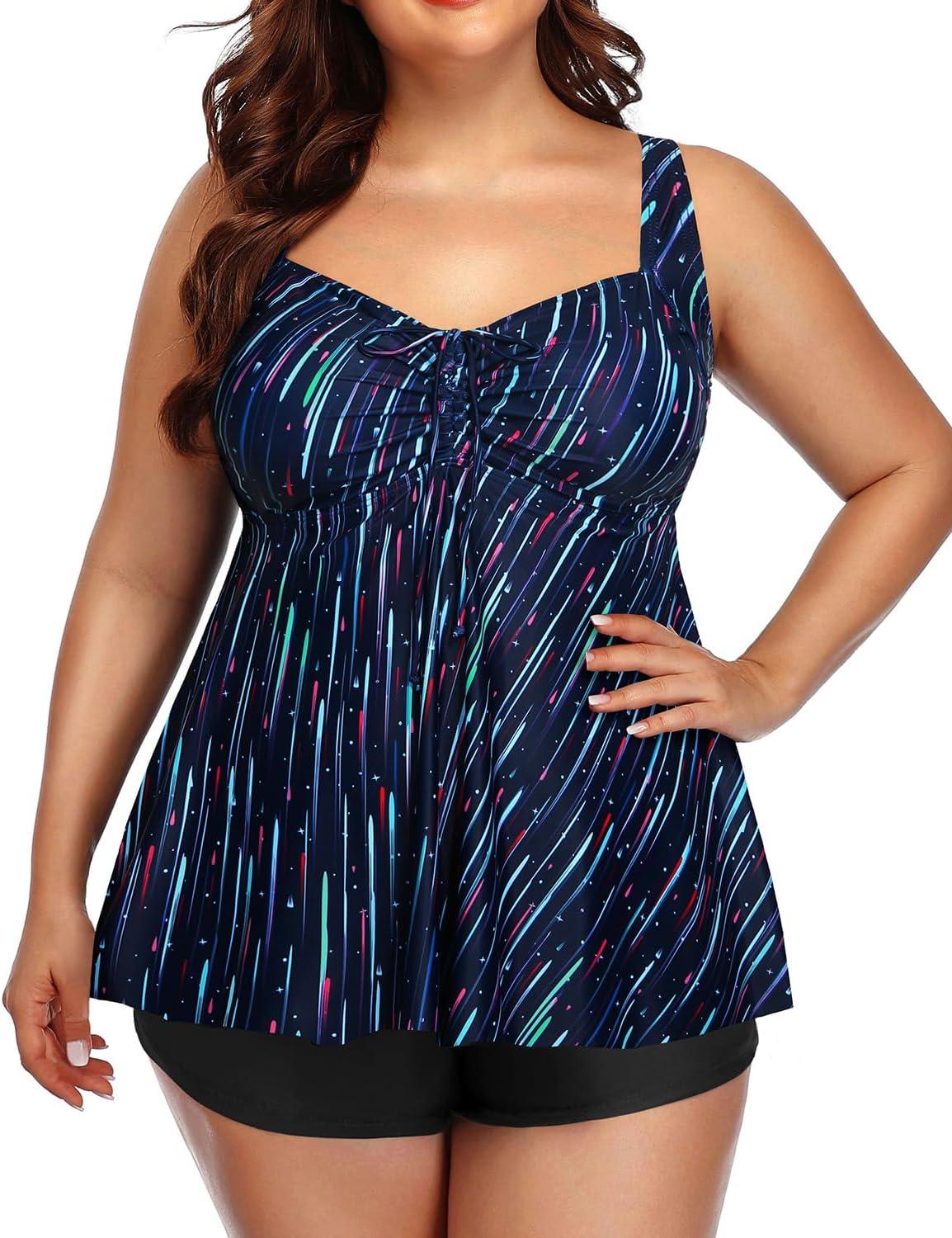 imageYonique Plus Size Tankini Swimsuits for Women Tankini with Shorts Two Piece Bathing Suits Flowy SwimwearBlue Galaxy