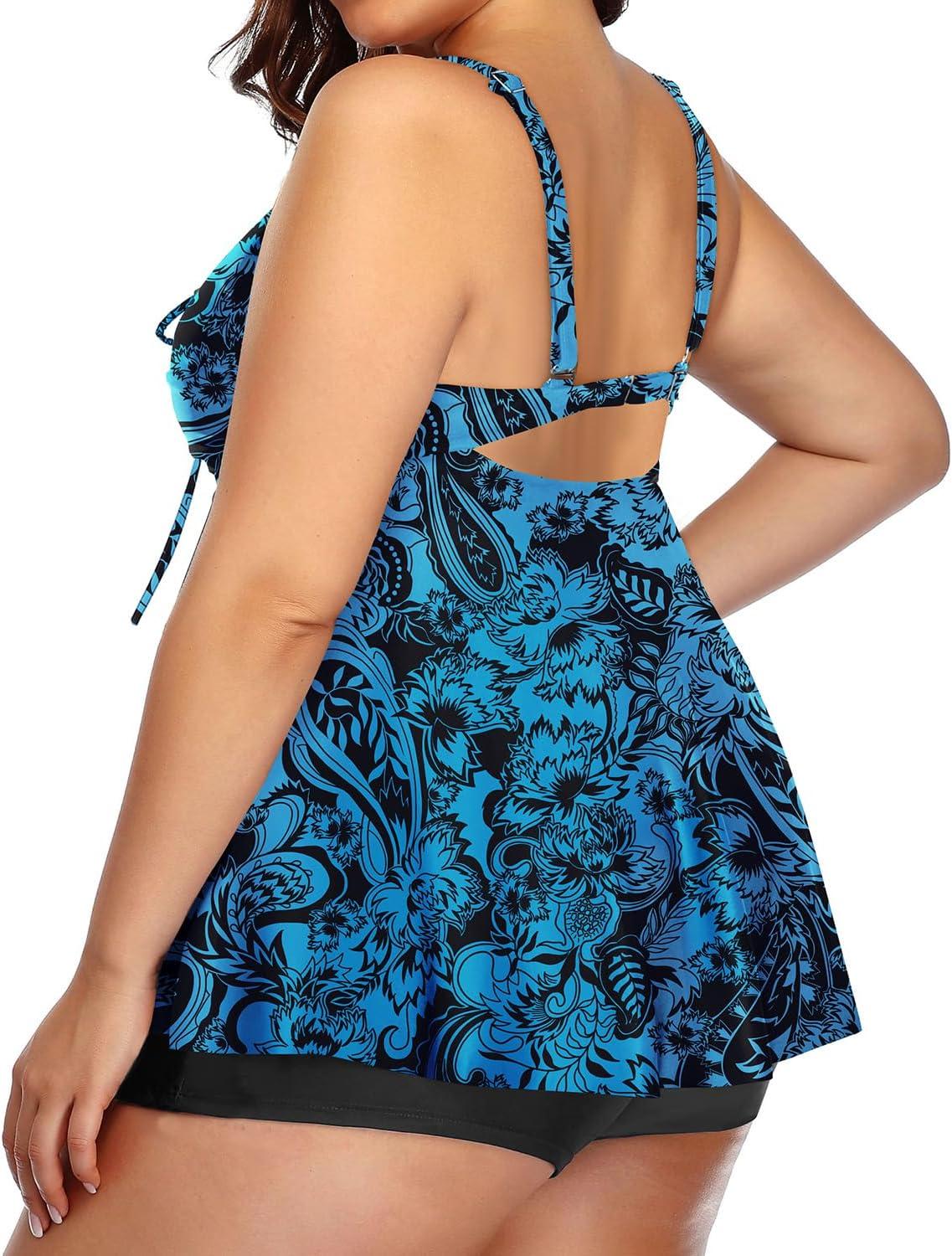 imageYonique Plus Size Tankini Swimsuits for Women Tankini with Shorts Two Piece Bathing Suits Flowy SwimwearBlue Paisley 03