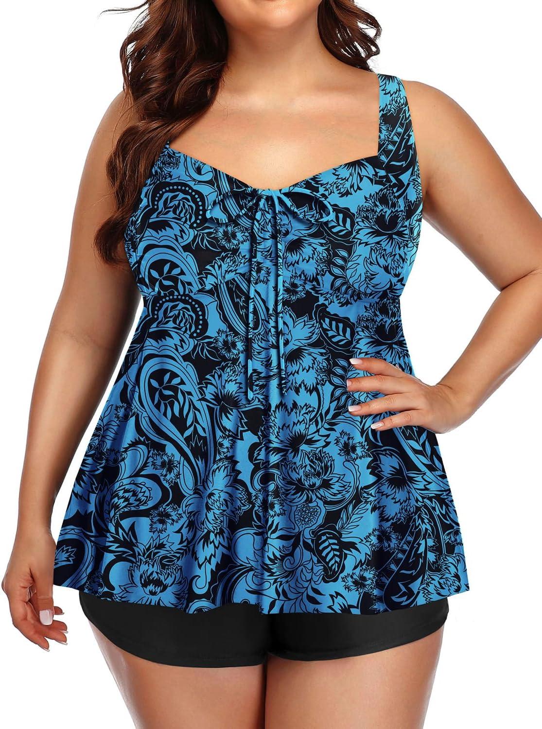imageYonique Plus Size Tankini Swimsuits for Women Tankini with Shorts Two Piece Bathing Suits Flowy SwimwearBlue Paisley 03