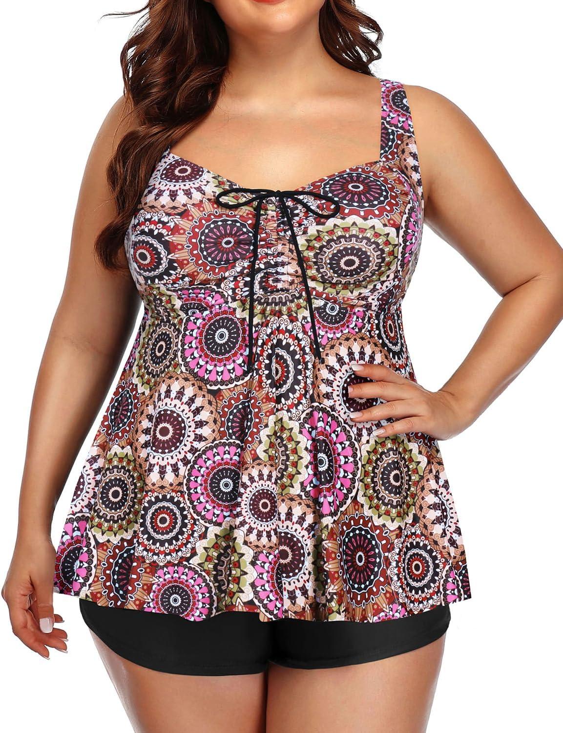 imageYonique Plus Size Tankini Swimsuits for Women Tankini with Shorts Two Piece Bathing Suits Flowy SwimwearBrown Mandala