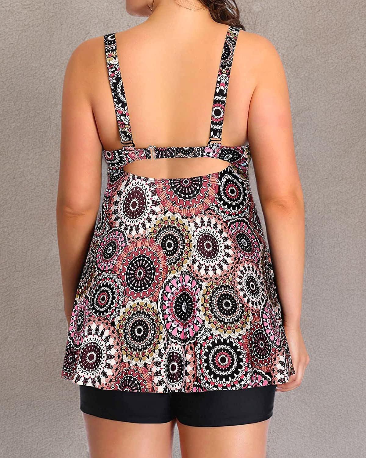 imageYonique Plus Size Tankini Swimsuits for Women Tankini with Shorts Two Piece Bathing Suits Flowy SwimwearBrown Mandala