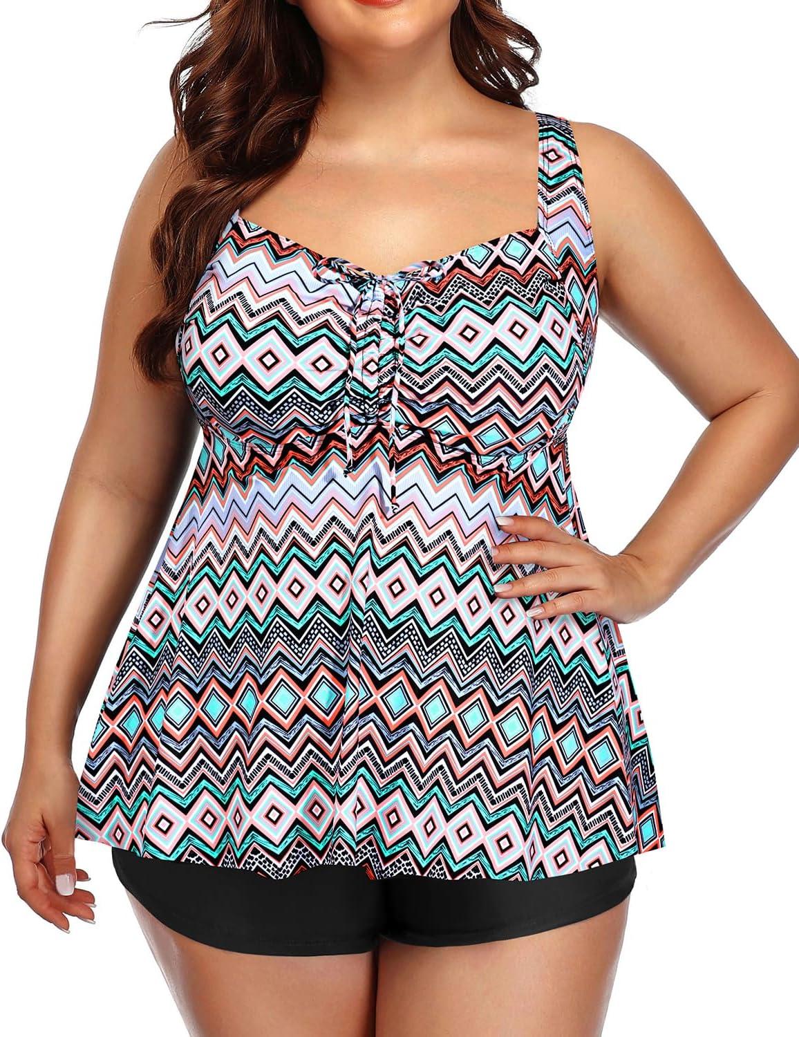 imageYonique Plus Size Tankini Swimsuits for Women Tankini with Shorts Two Piece Bathing Suits Flowy SwimwearColorful Geometric