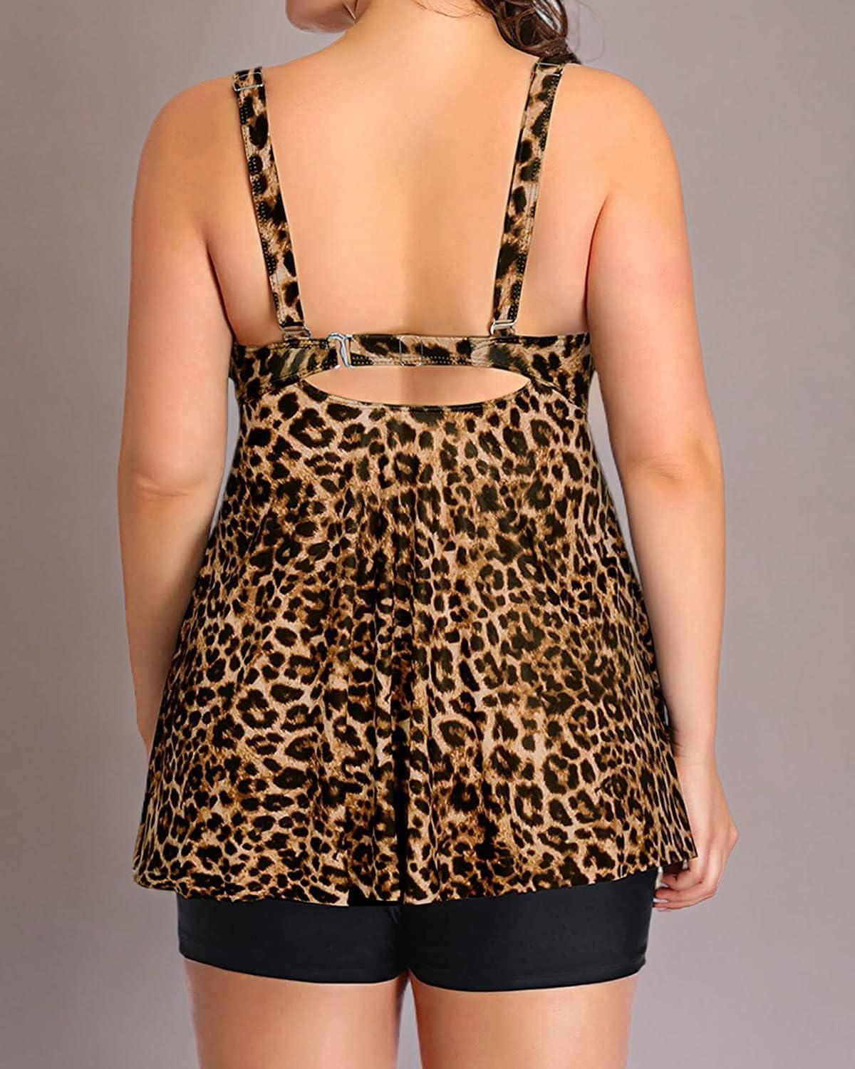 imageYonique Plus Size Tankini Swimsuits for Women Tankini with Shorts Two Piece Bathing Suits Flowy SwimwearLeopard 02