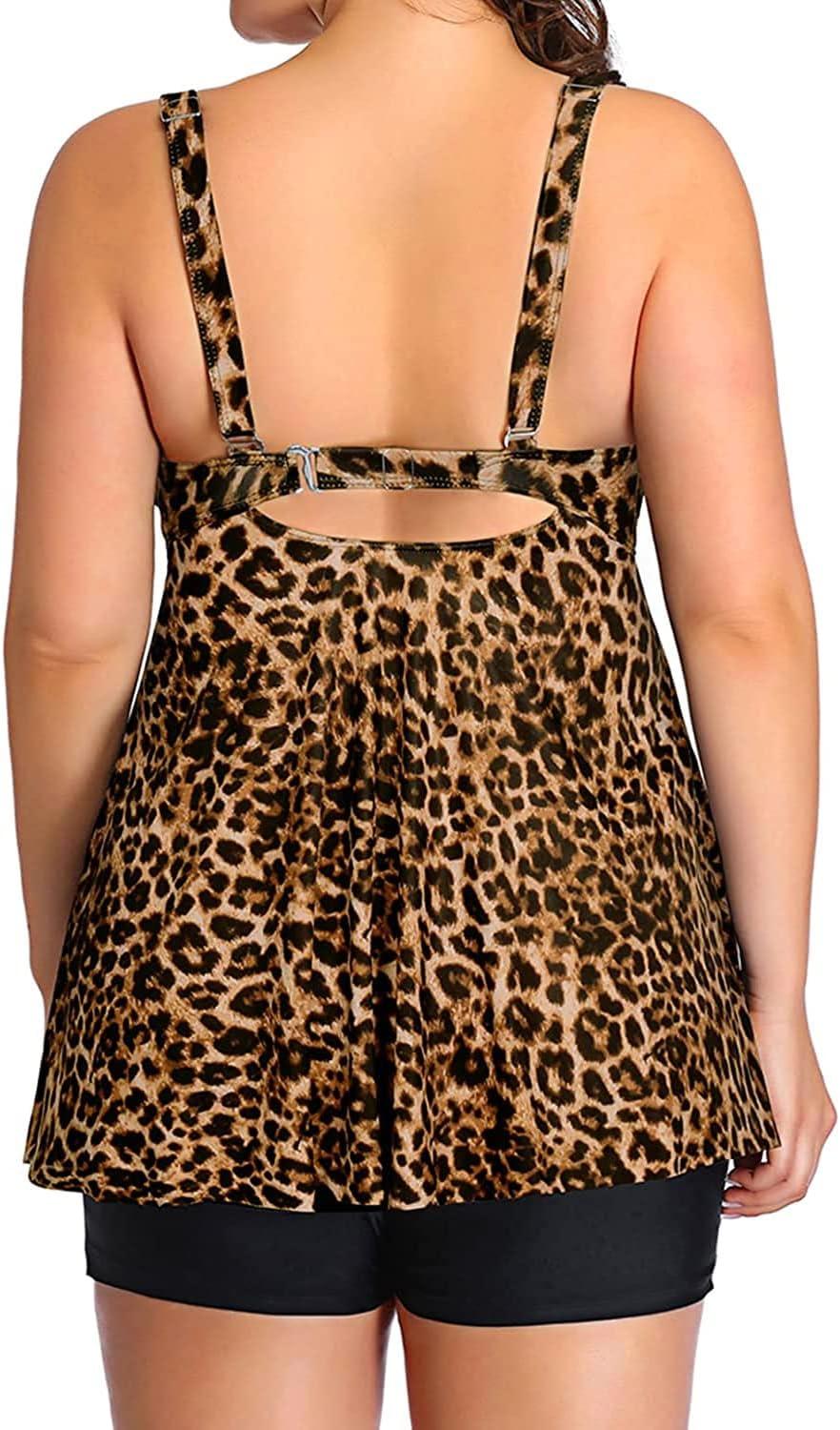imageYonique Plus Size Tankini Swimsuits for Women Tankini with Shorts Two Piece Bathing Suits Flowy SwimwearLeopard 02