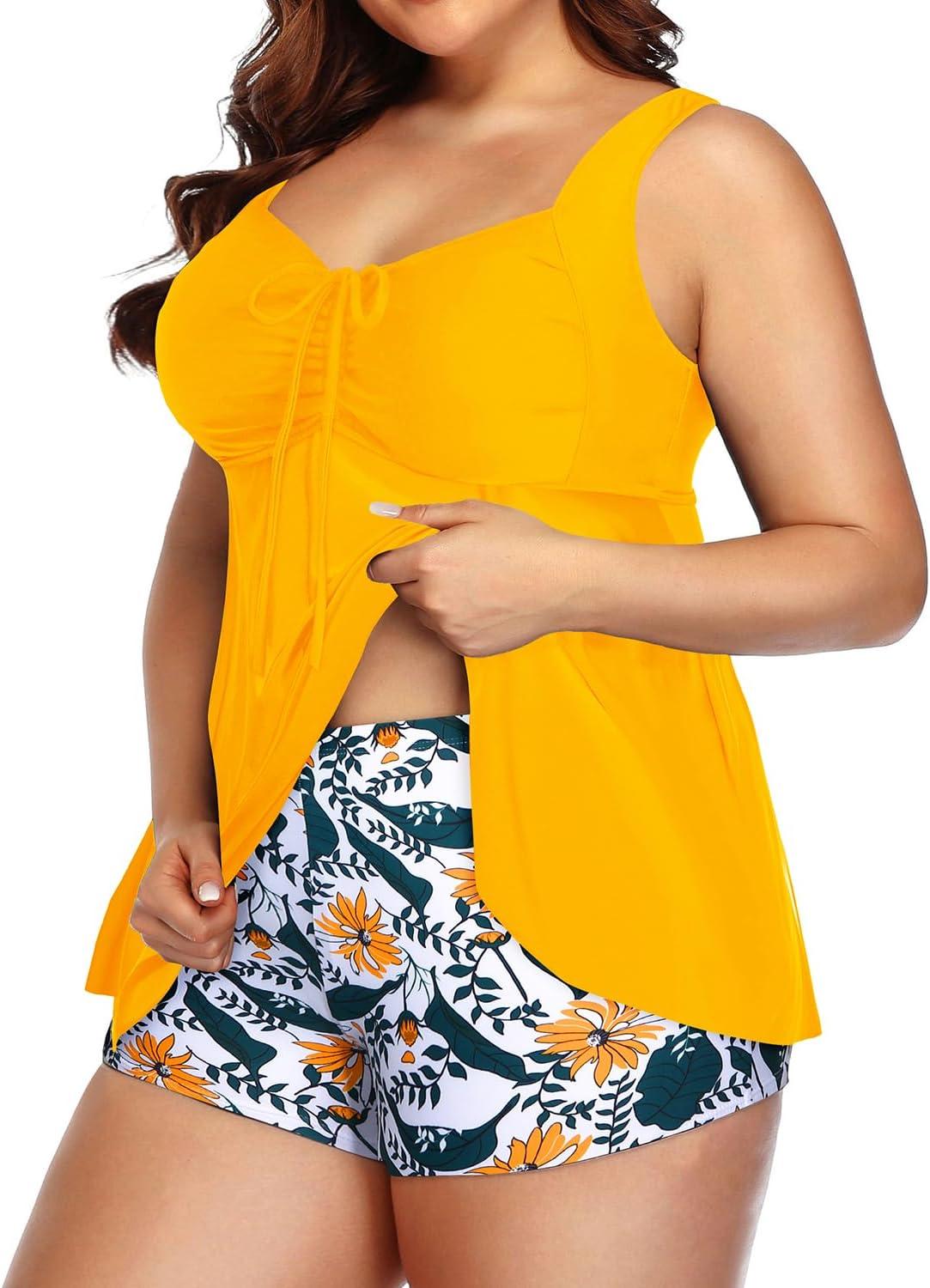 imageYonique Plus Size Tankini Swimsuits for Women Tankini with Shorts Two Piece Bathing Suits Flowy SwimwearYellow Floral
