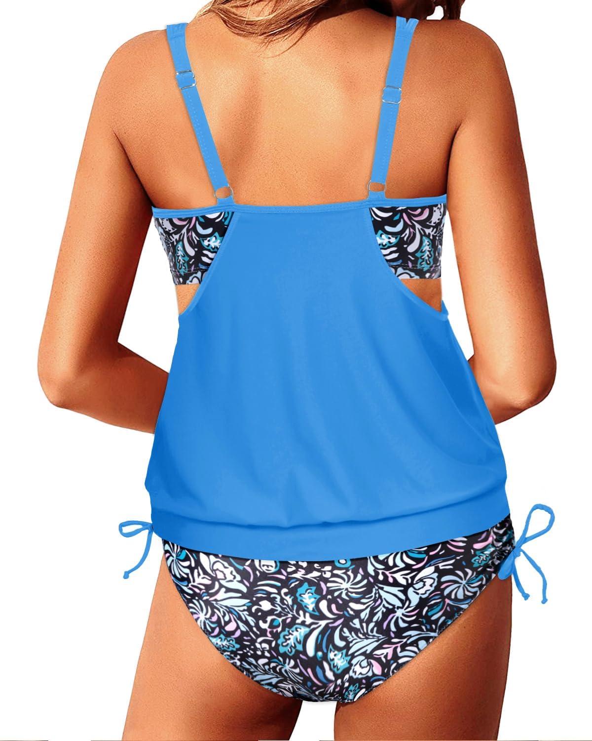 imageYonique Tankini Swimsuits for Women Blouson Swim Tops with Bikini Bottoms Athletic Two Piece Bathing Suits Double Up Swimwear1 Cute Green Blue