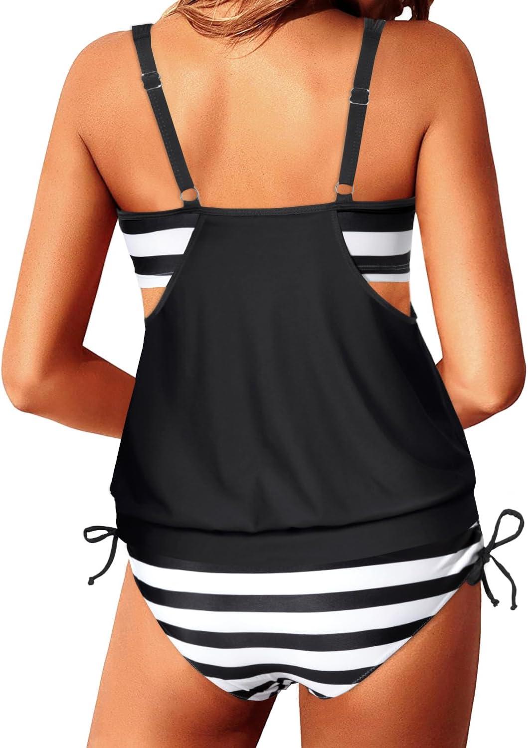 imageYonique Tankini Swimsuits for Women Blouson Swim Tops with Bikini Bottoms Athletic Two Piece Bathing Suits Double Up SwimwearA Charming Black White