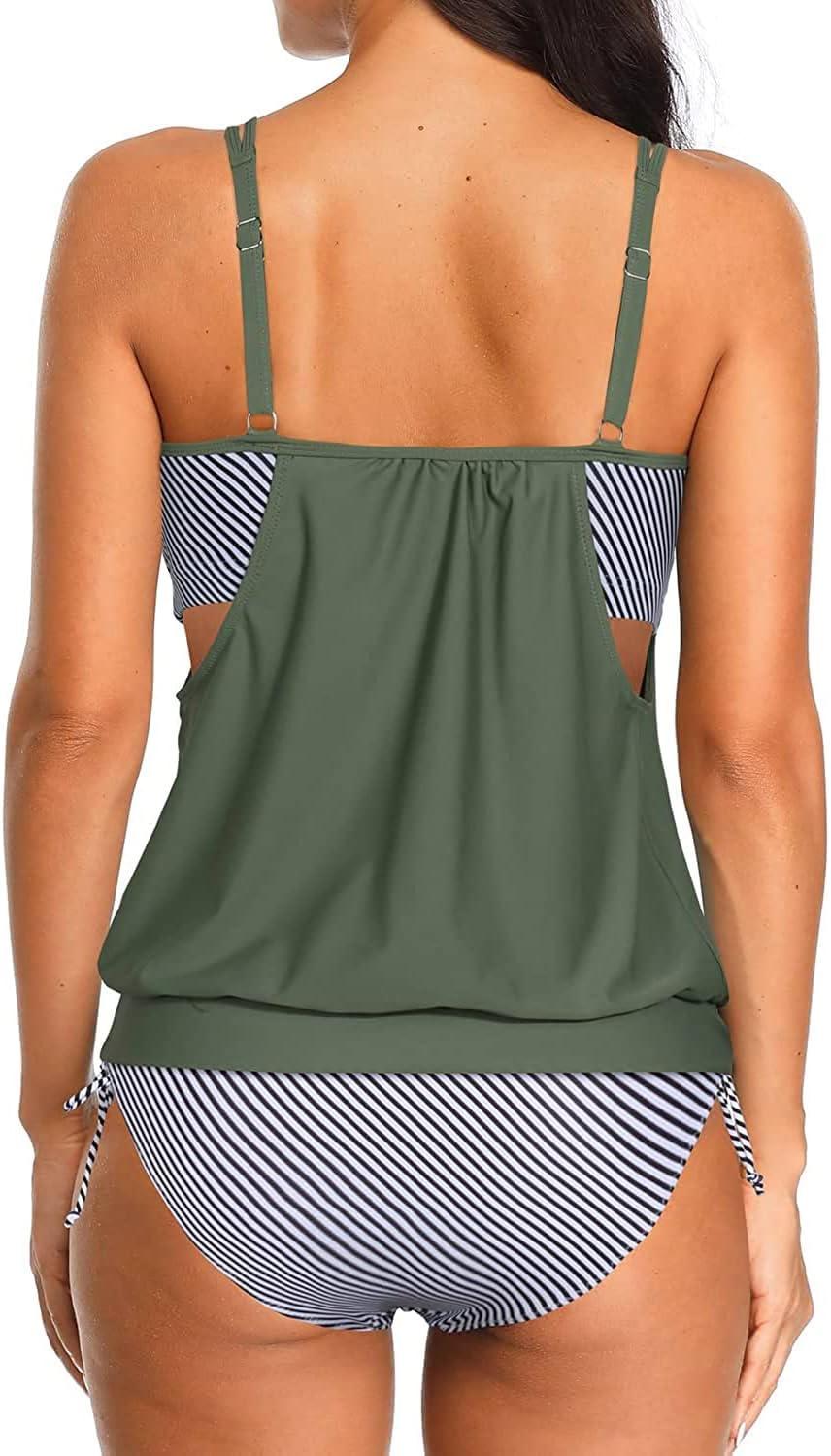 imageYonique Tankini Swimsuits for Women Blouson Swim Tops with Bikini Bottoms Athletic Two Piece Bathing Suits Double Up SwimwearArmy Green  Stripe
