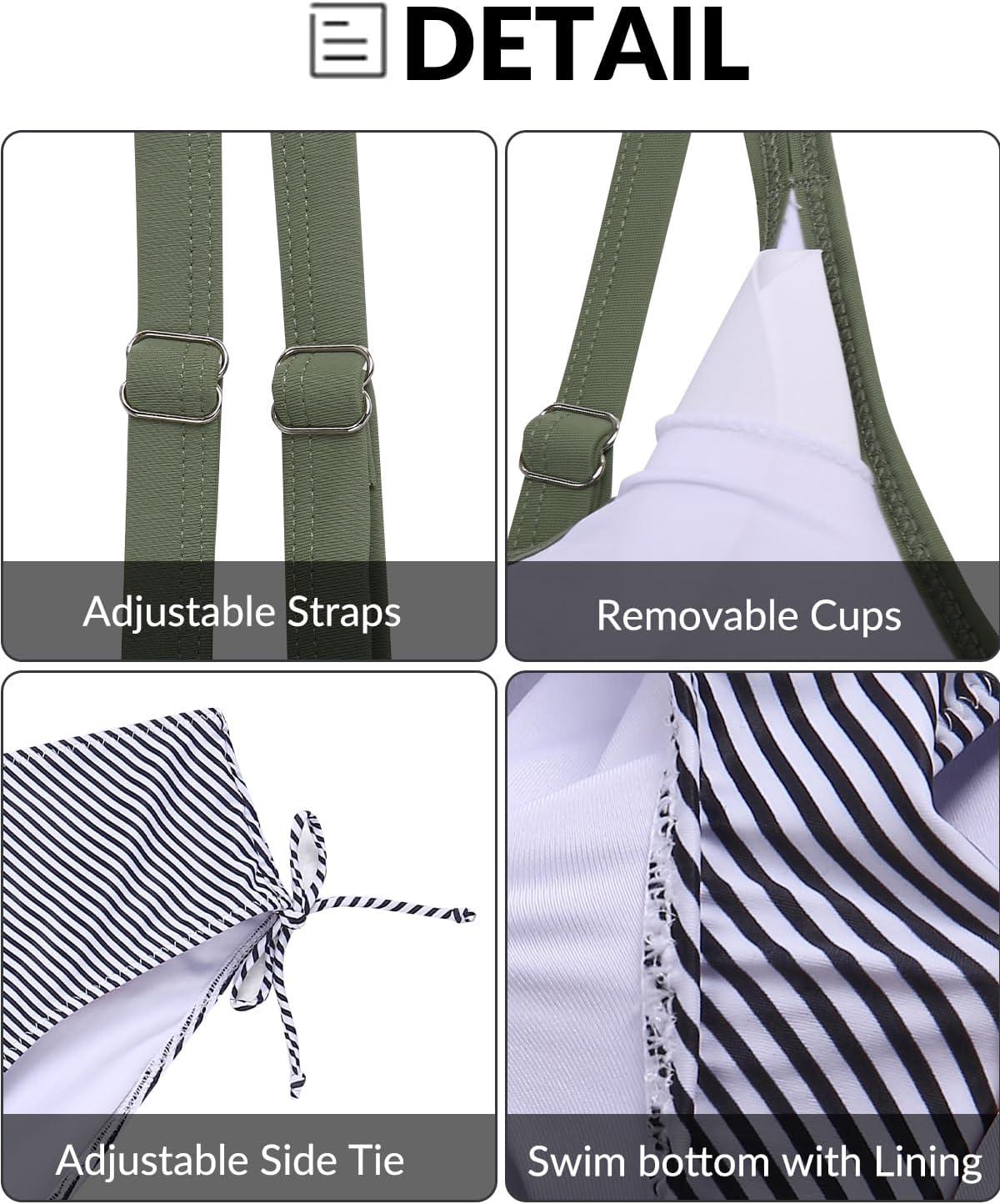 imageYonique Tankini Swimsuits for Women Blouson Swim Tops with Bikini Bottoms Athletic Two Piece Bathing Suits Double Up SwimwearArmy Green  Stripe