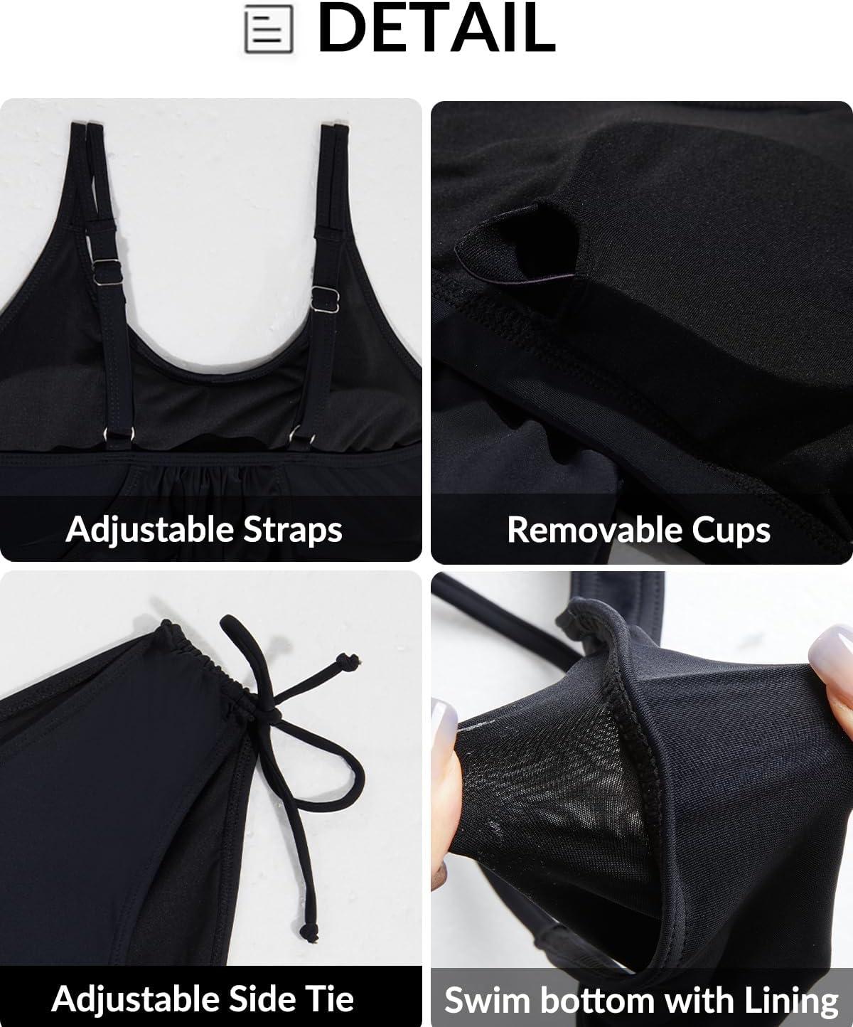 imageYonique Tankini Swimsuits for Women Blouson Swim Tops with Bikini Bottoms Athletic Two Piece Bathing Suits Double Up SwimwearBlack