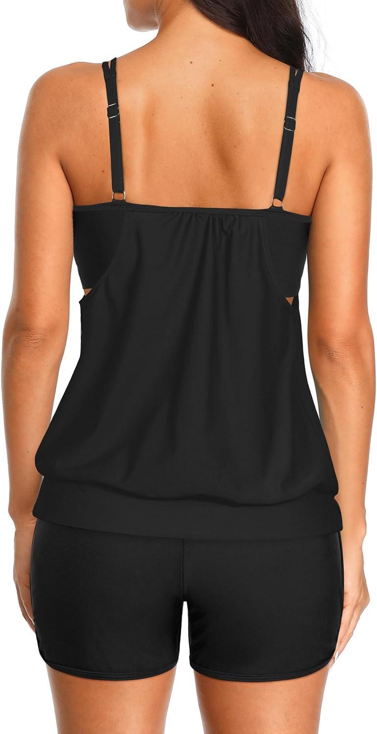 imageYonique Tankini Swimsuits for Women Blouson Swim Tops with Bikini Bottoms Athletic Two Piece Bathing Suits Double Up SwimwearBlack
