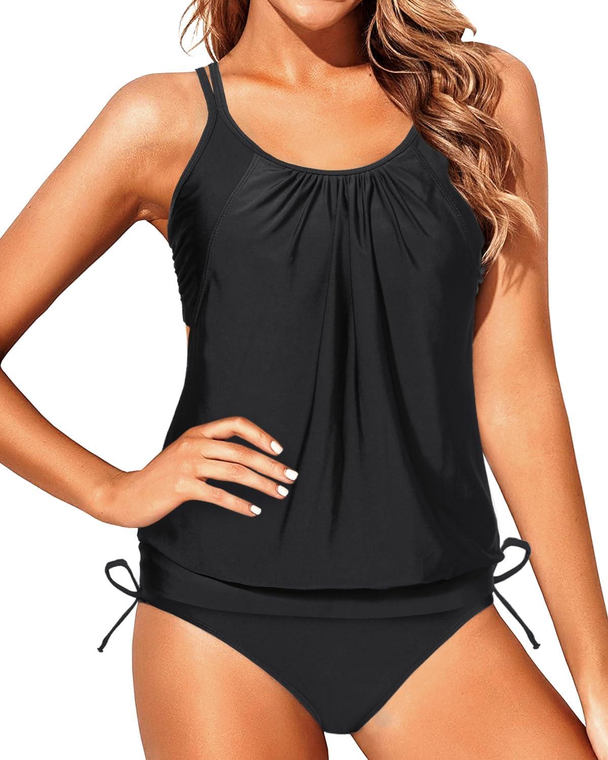 imageYonique Tankini Swimsuits for Women Blouson Swim Tops with Bikini Bottoms Athletic Two Piece Bathing Suits Double Up SwimwearBlack Tankini