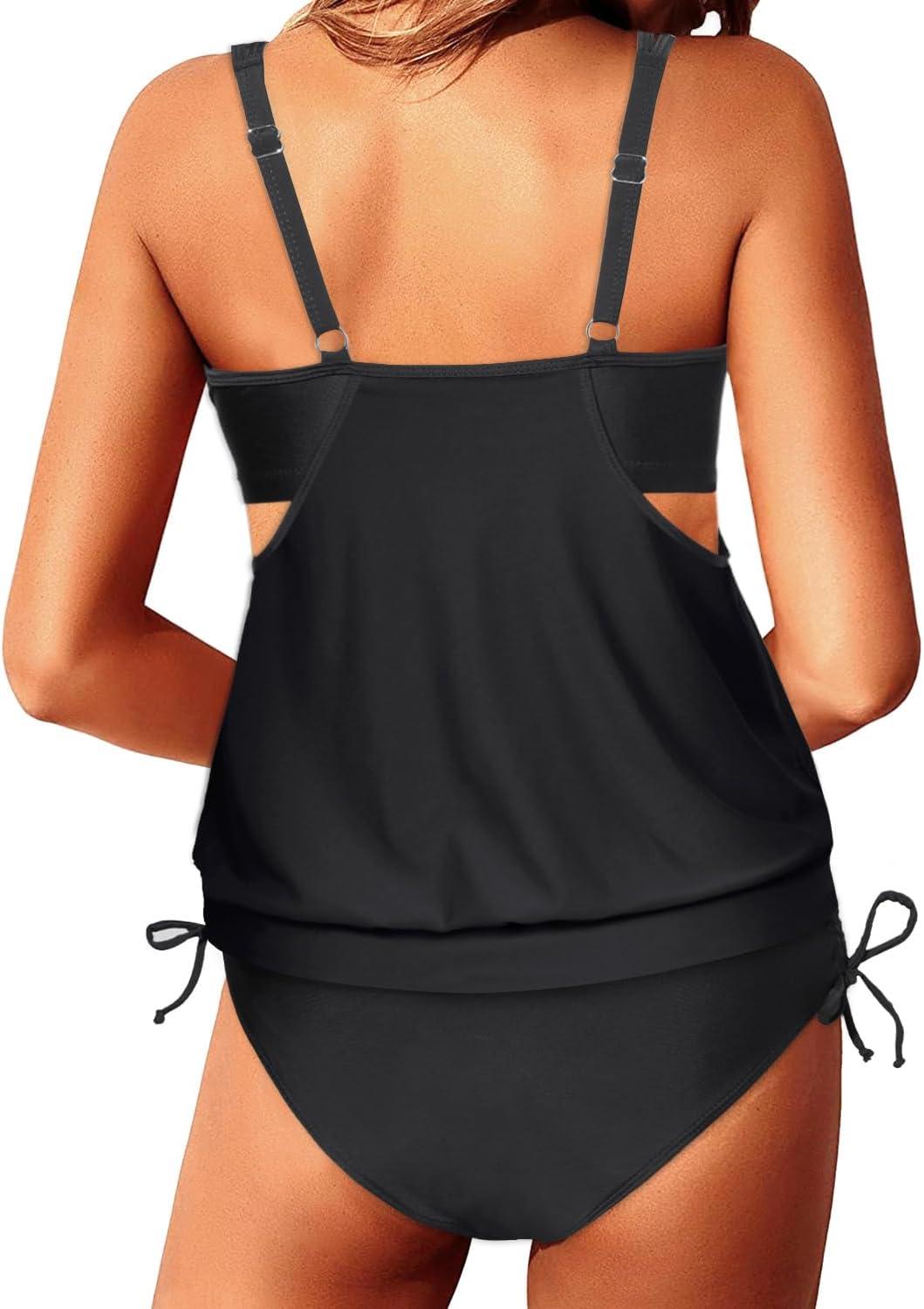 imageYonique Tankini Swimsuits for Women Blouson Swim Tops with Bikini Bottoms Athletic Two Piece Bathing Suits Double Up SwimwearBlack Tankini