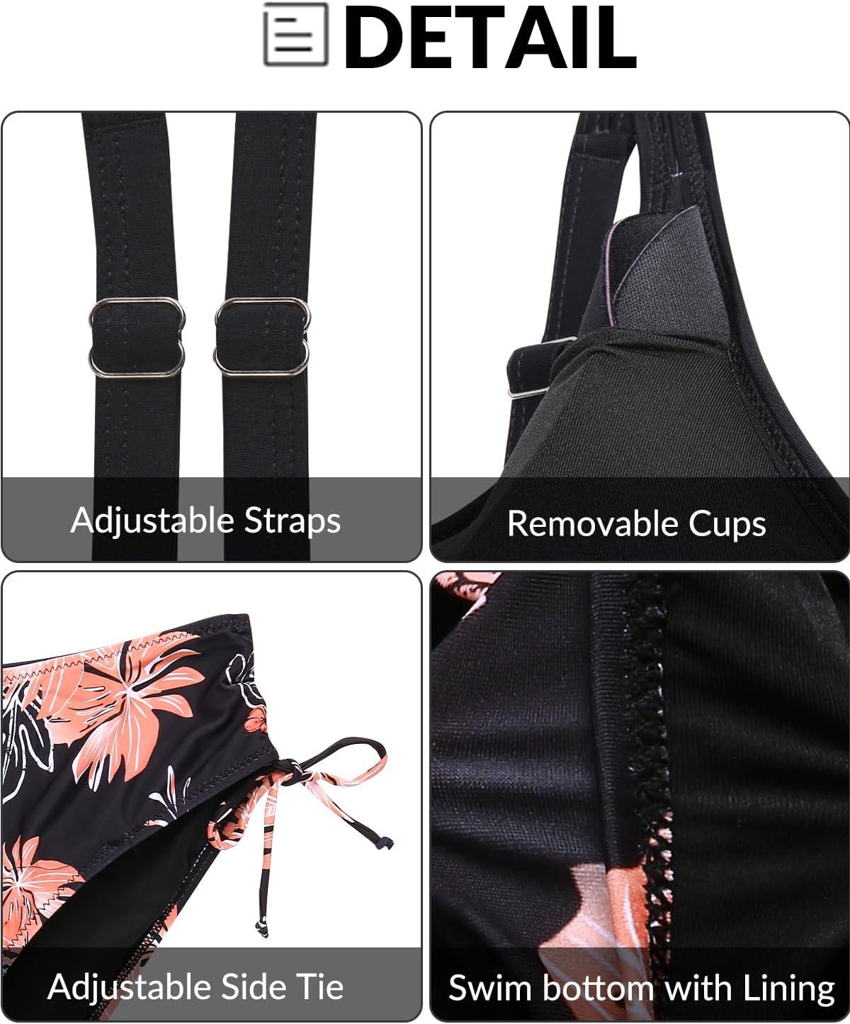 imageYonique Tankini Swimsuits for Women Blouson Swim Tops with Bikini Bottoms Athletic Two Piece Bathing Suits Double Up SwimwearBlack and Flowers