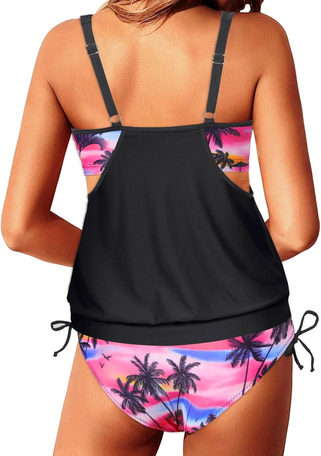 imageYonique Tankini Swimsuits for Women Blouson Swim Tops with Bikini Bottoms Athletic Two Piece Bathing Suits Double Up SwimwearBlack and Tree