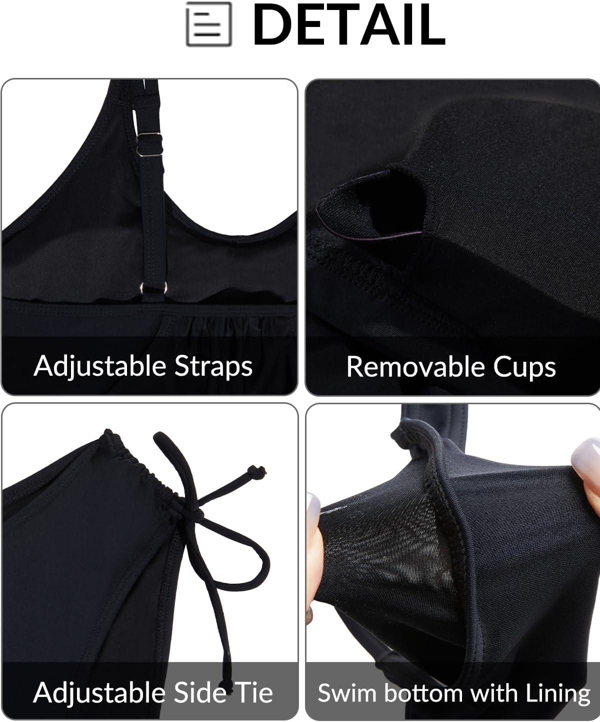 imageYonique Tankini Swimsuits for Women Blouson Swim Tops with Bikini Bottoms Athletic Two Piece Bathing Suits Double Up SwimwearBlack and Tree