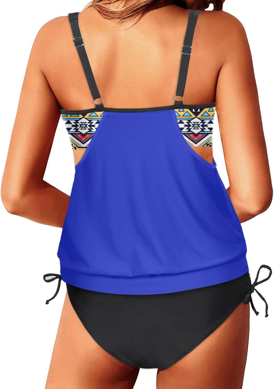 imageYonique Tankini Swimsuits for Women Blouson Swim Tops with Bikini Bottoms Athletic Two Piece Bathing Suits Double Up SwimwearBlue  Geometric