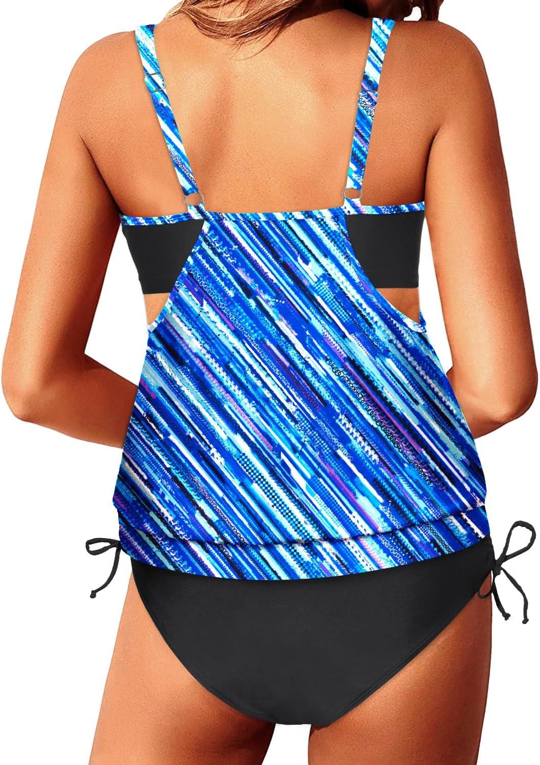 imageYonique Tankini Swimsuits for Women Blouson Swim Tops with Bikini Bottoms Athletic Two Piece Bathing Suits Double Up SwimwearBlue Diagonal Stripes