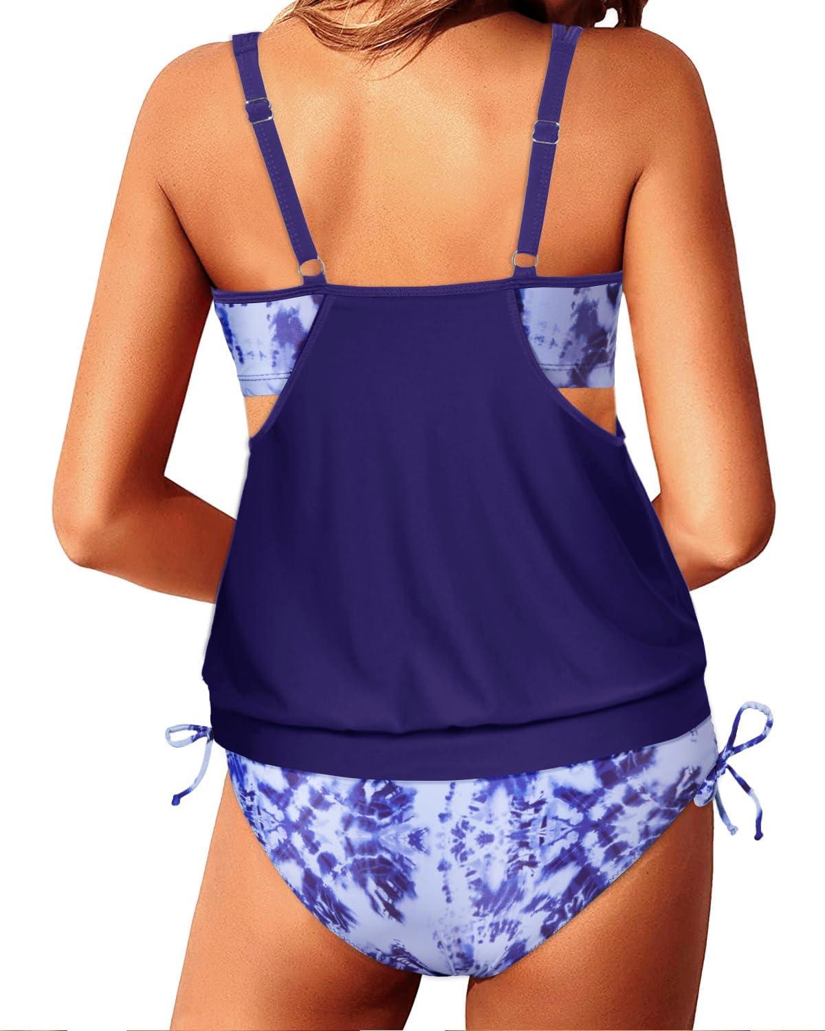imageYonique Tankini Swimsuits for Women Blouson Swim Tops with Bikini Bottoms Athletic Two Piece Bathing Suits Double Up SwimwearBlue Tie Dye