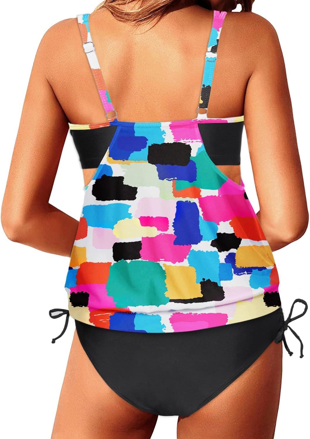 imageYonique Tankini Swimsuits for Women Blouson Swim Tops with Bikini Bottoms Athletic Two Piece Bathing Suits Double Up SwimwearColor Block