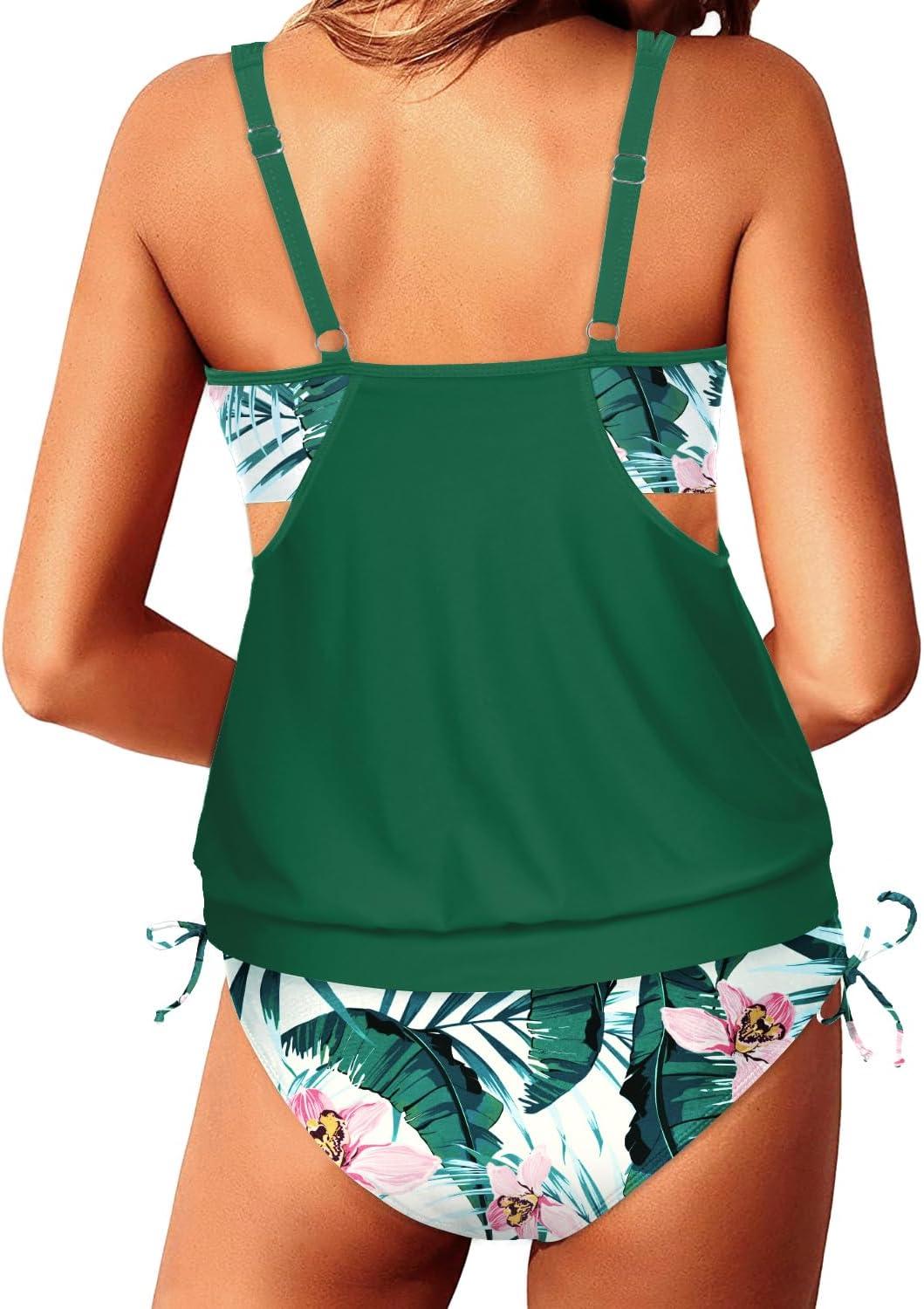 imageYonique Tankini Swimsuits for Women Blouson Swim Tops with Bikini Bottoms Athletic Two Piece Bathing Suits Double Up SwimwearGreen and Flowers