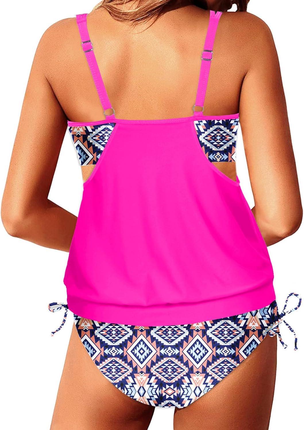imageYonique Tankini Swimsuits for Women Blouson Swim Tops with Bikini Bottoms Athletic Two Piece Bathing Suits Double Up SwimwearHot Pink Tankini