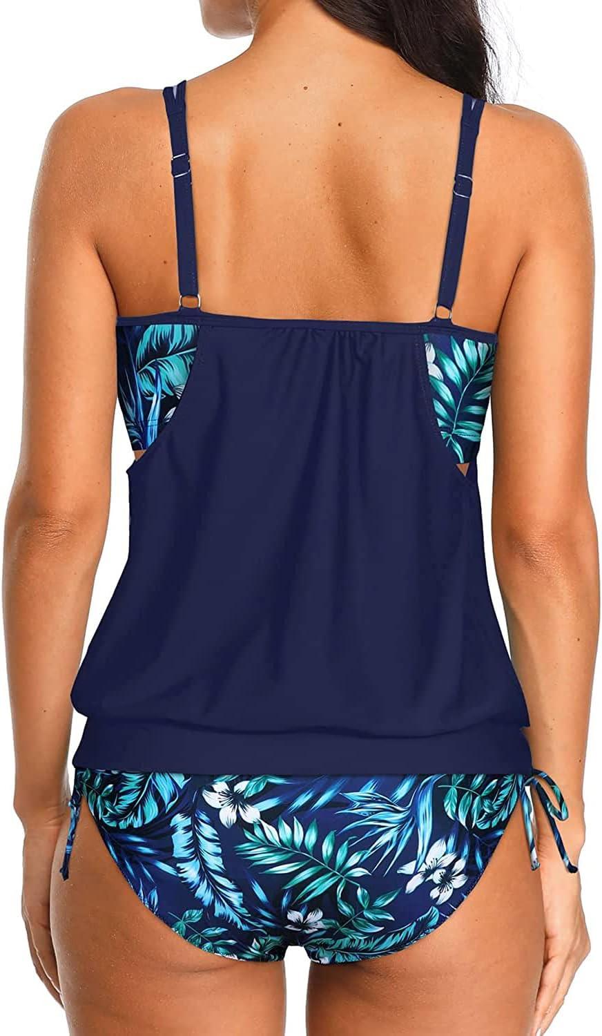 imageYonique Tankini Swimsuits for Women Blouson Swim Tops with Bikini Bottoms Athletic Two Piece Bathing Suits Double Up SwimwearNavy Blue and Leaves