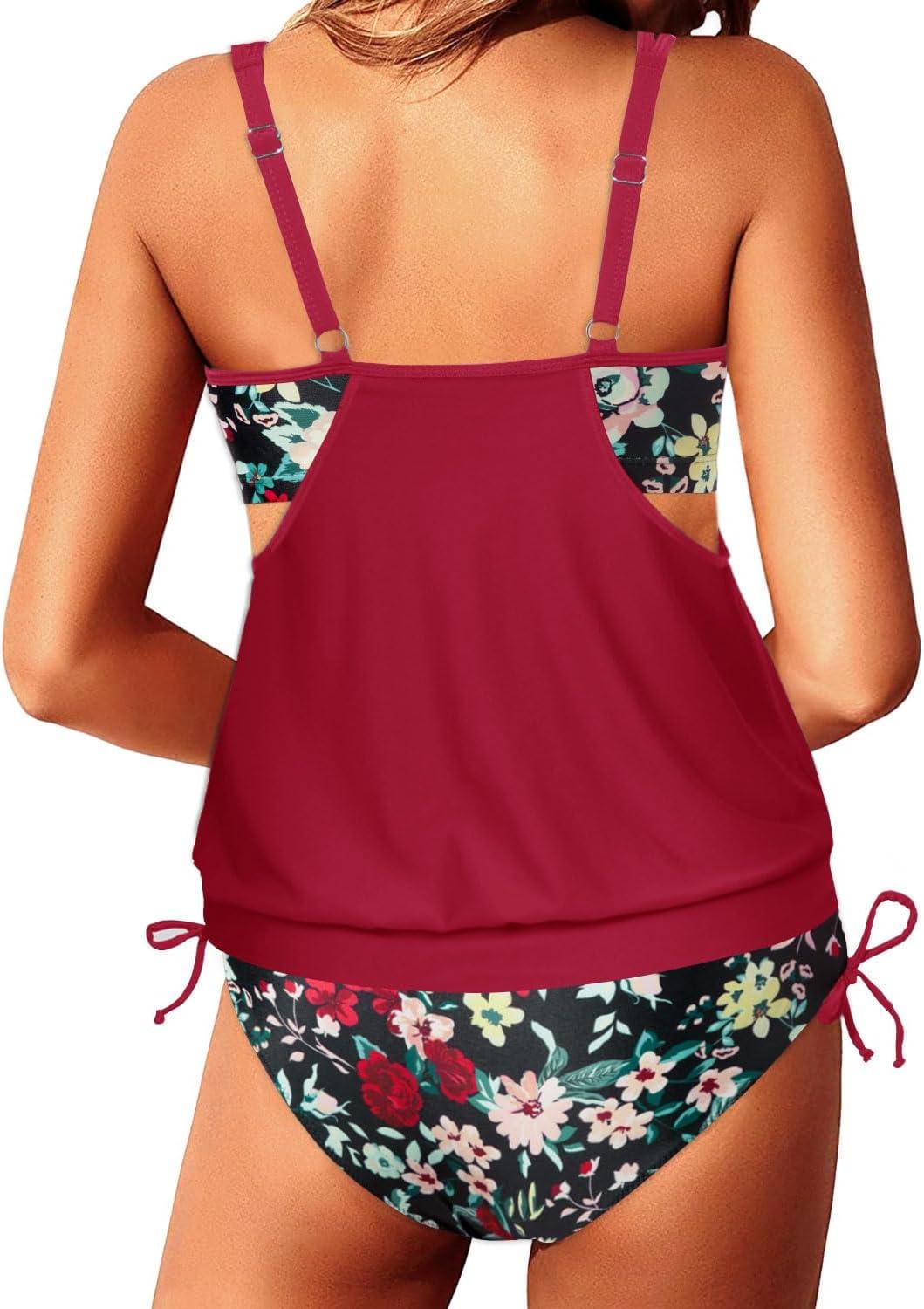 imageYonique Tankini Swimsuits for Women Blouson Swim Tops with Bikini Bottoms Athletic Two Piece Bathing Suits Double Up SwimwearRed and Flower