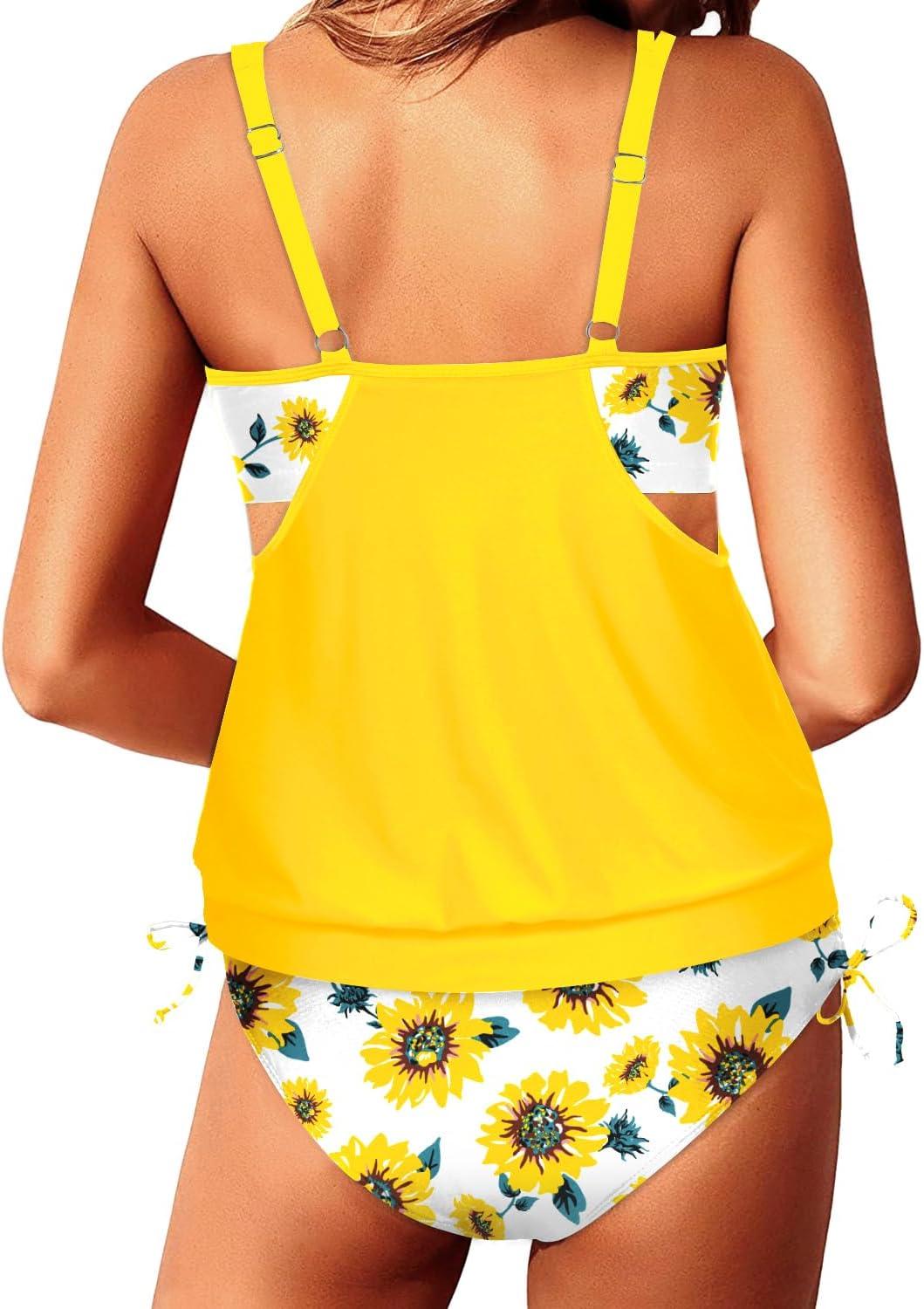 imageYonique Tankini Swimsuits for Women Blouson Swim Tops with Bikini Bottoms Athletic Two Piece Bathing Suits Double Up SwimwearYellow Sunflower Tankini