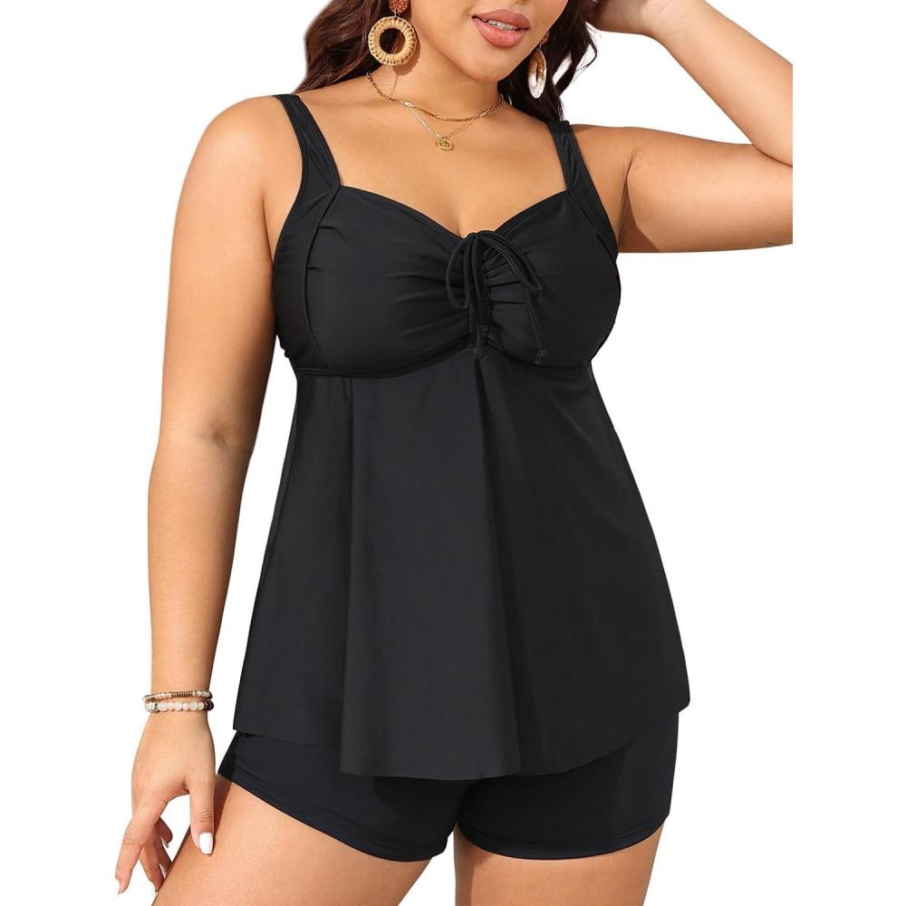 imageYonique Plus Size Tankini Swimsuits for Women Tankini with Shorts Two Piece Bathing Suits Flowy SwimwearBlack